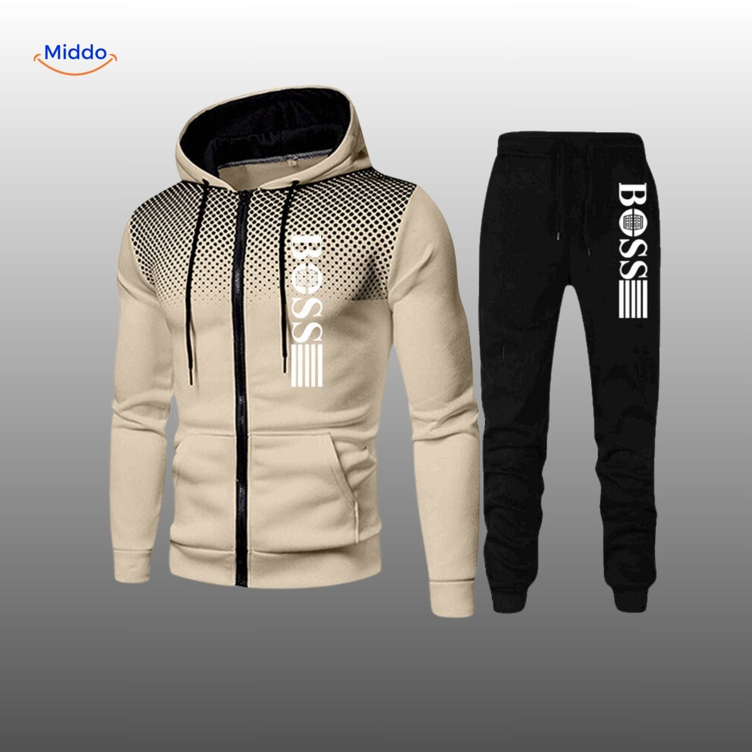 SpotVibe Hoodie beige hoodie met zwart joggingbroek Boss logo www.middo.nl