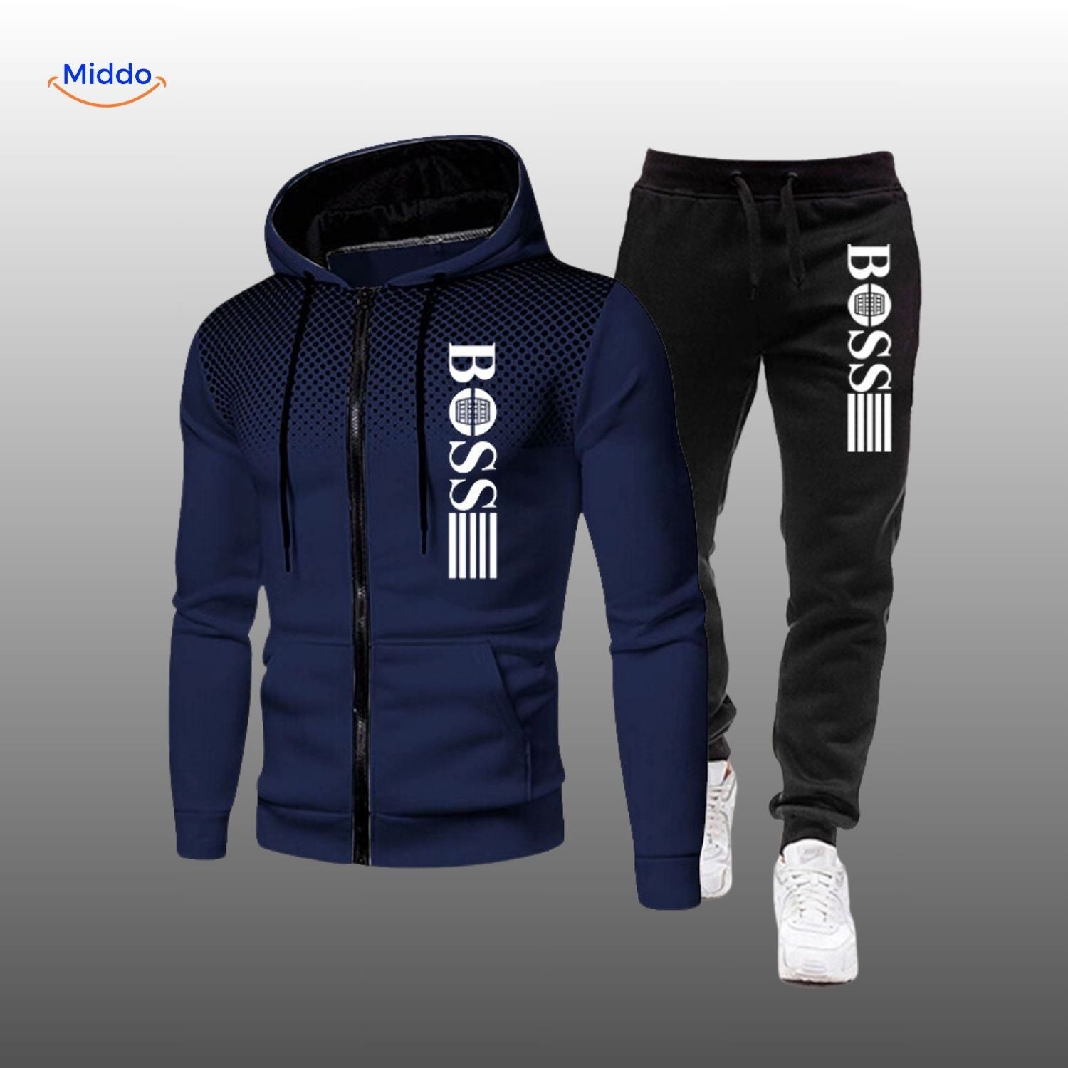 SpotVibe Hoodie donkerblauwe hoodie met zwart joggingbroek Boss logo www.middo.nl