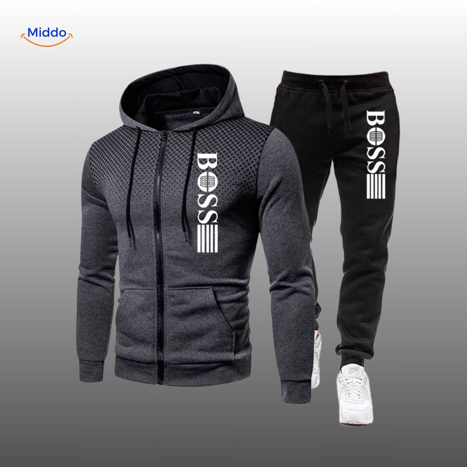 SpotVibe Hoodie donkergrijze hoodie met zwart joggingbroek Boss logo www.middo.nl