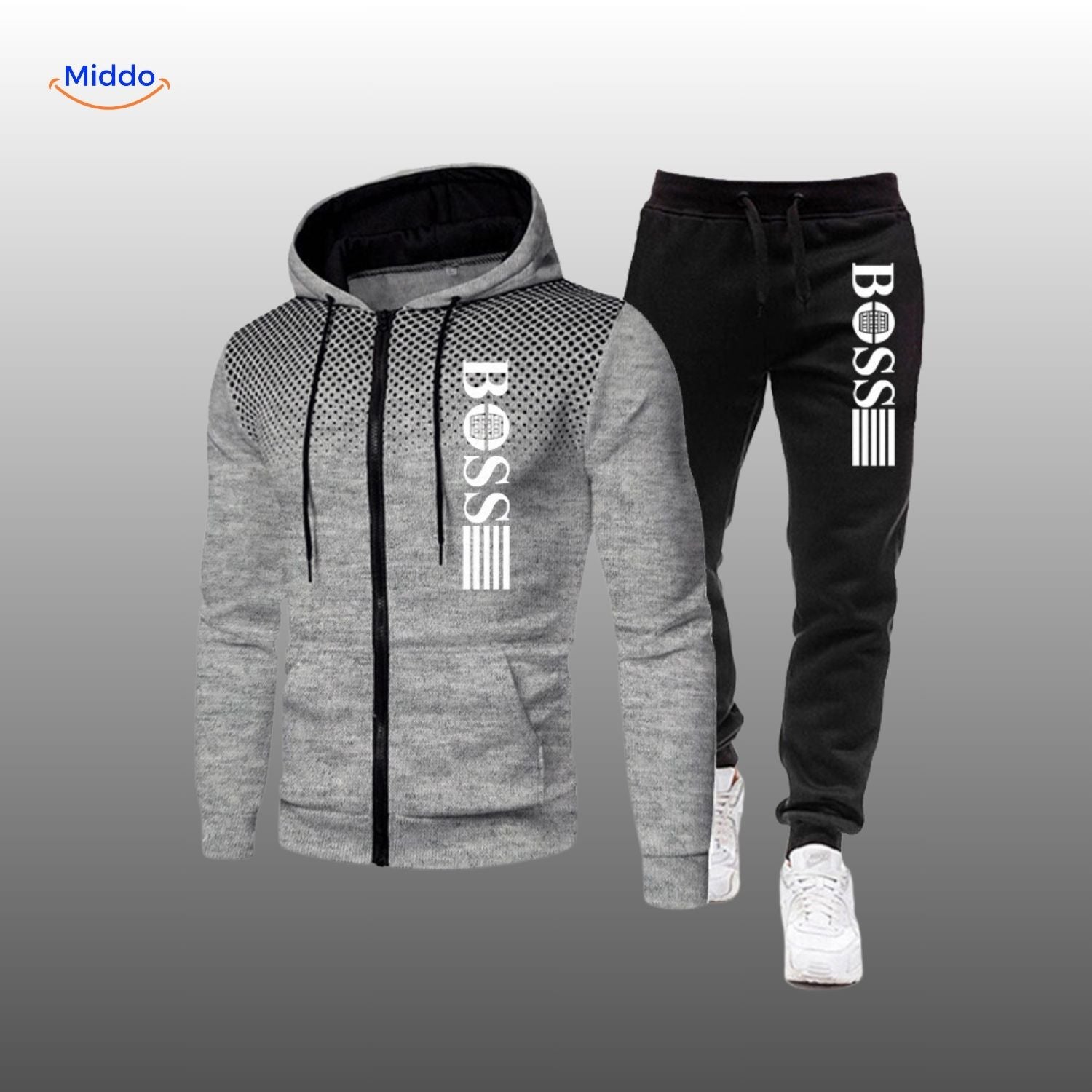 SpotVibe Hoodie grijze hoodie met zwart joggingbroek Boss logo www.middo.nl