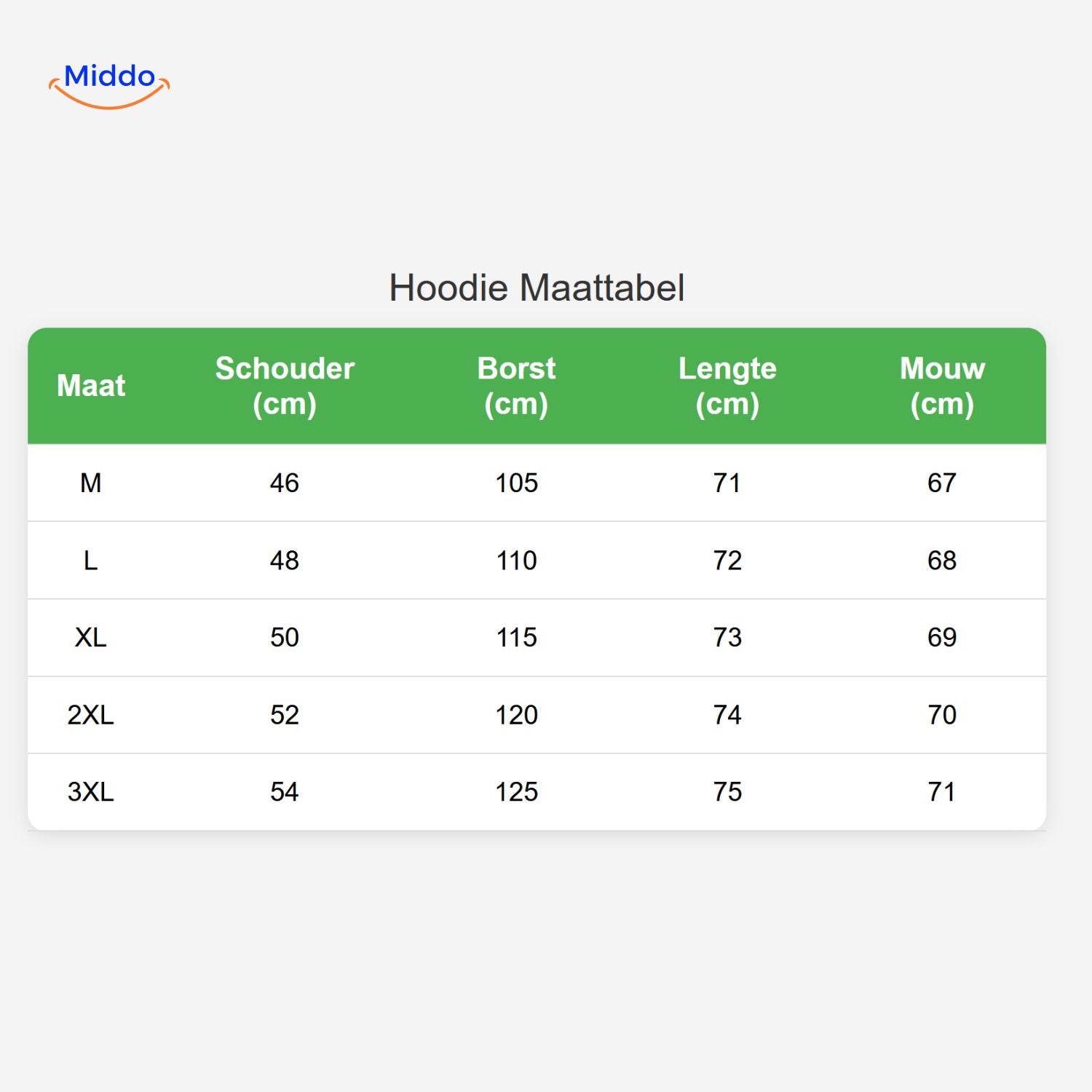 SpotVibe Hoodie maattabel hoody afmetingen www.middo.nl