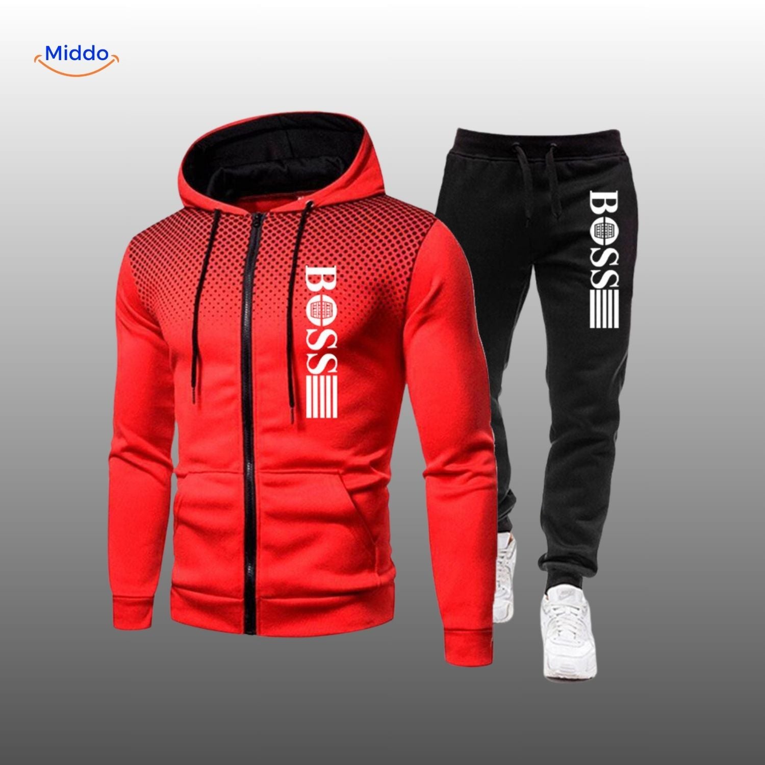 SpotVibe Hoodie rode hoodie met zwart joggingbroek Boss logo www.middo.nl