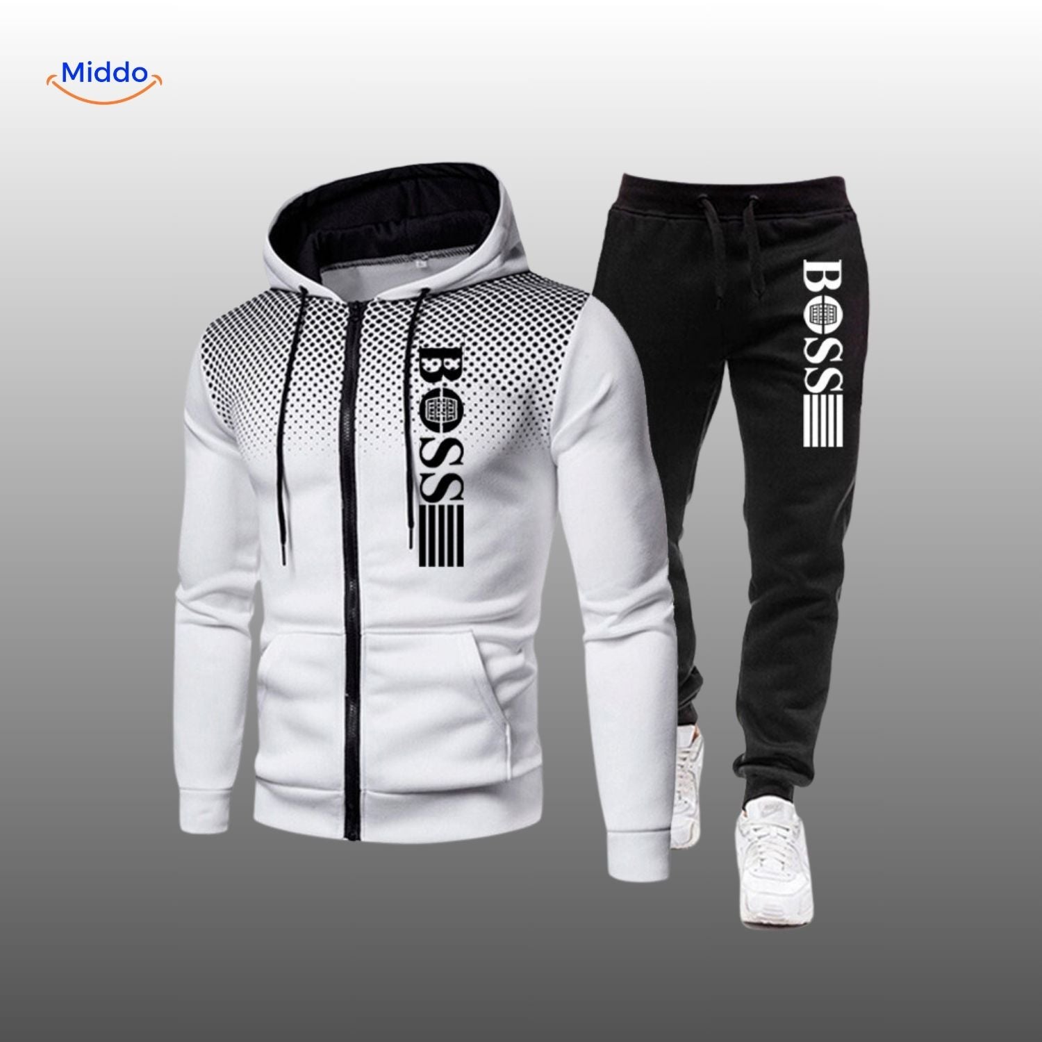 SpotVibe Hoodie witte hoodie met zwart joggingbroek Boss logo www.middo.nl