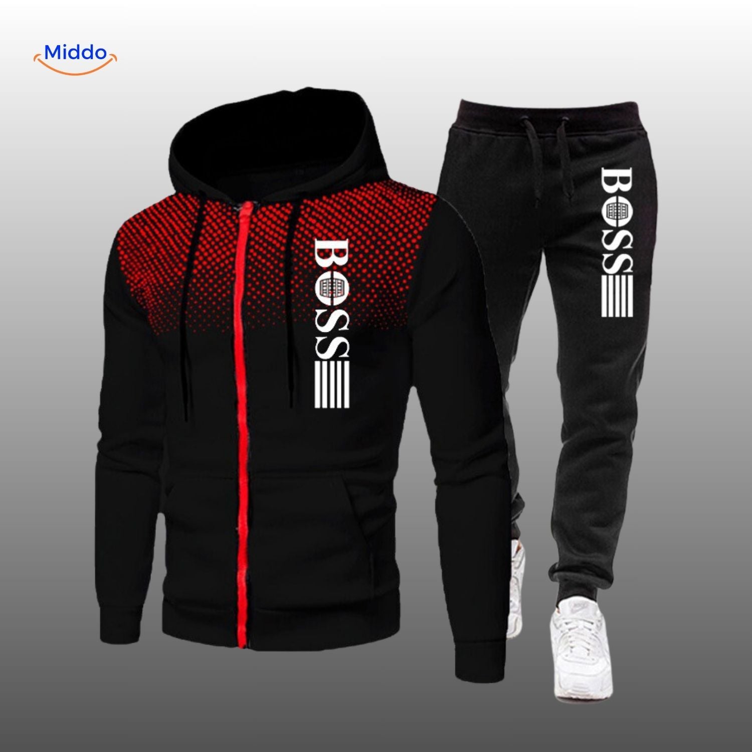 SpotVibe Hoodie zwart rode hoodie met zwart joggingbroek Boss logo www.middo.nl