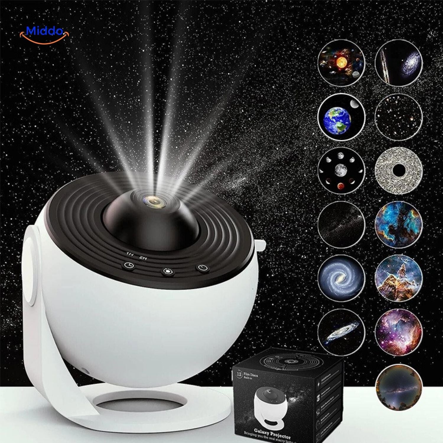 StarGlow Projector Lamp met wit ontwerp en galaxy dia_s www.middo.nl