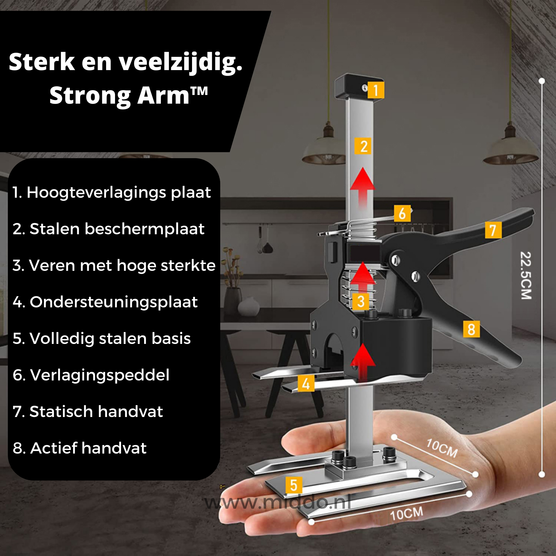 Specificaties en onderdelen van de Strong Arm tilhulp