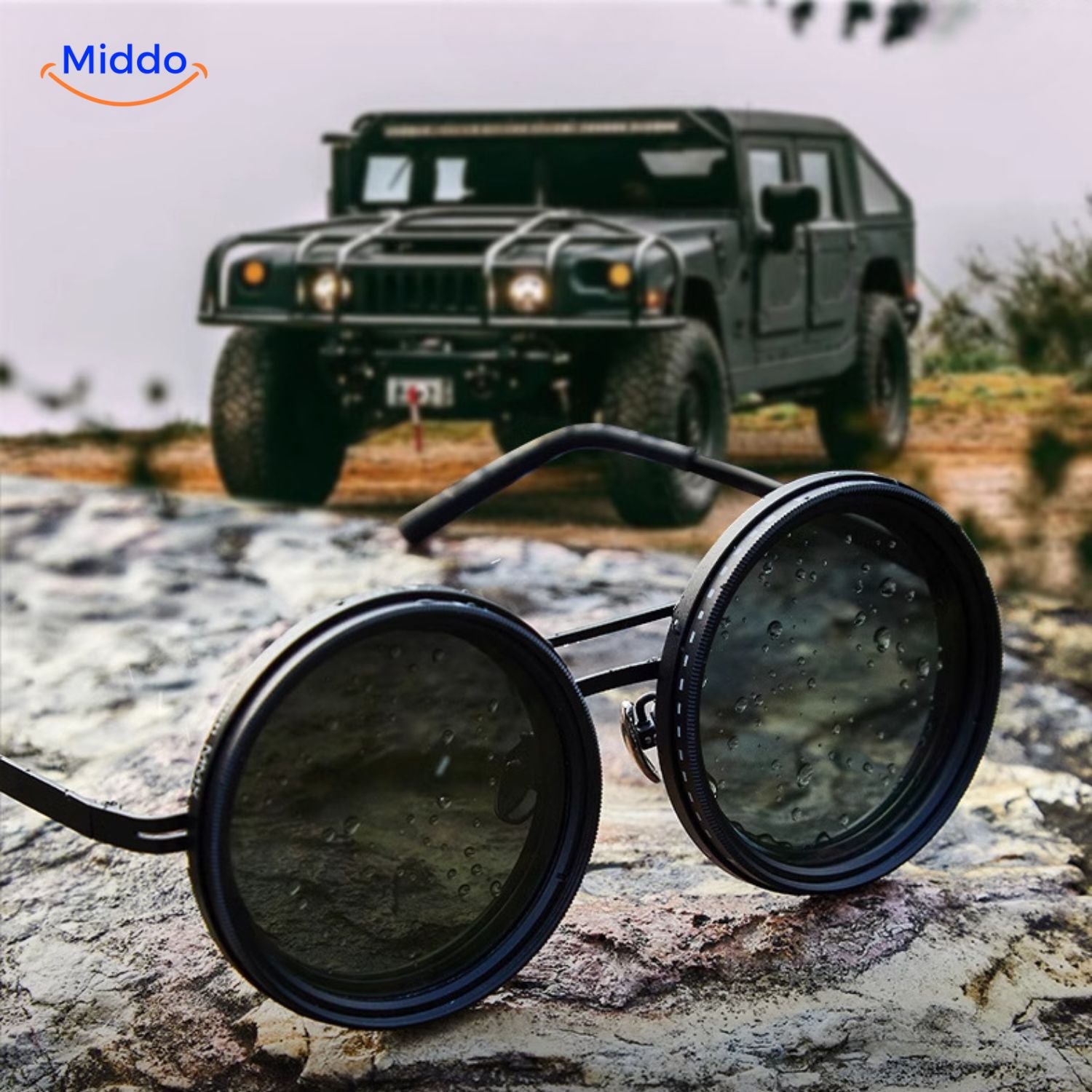 SunGuard ND9 sunglasses with hummer in background