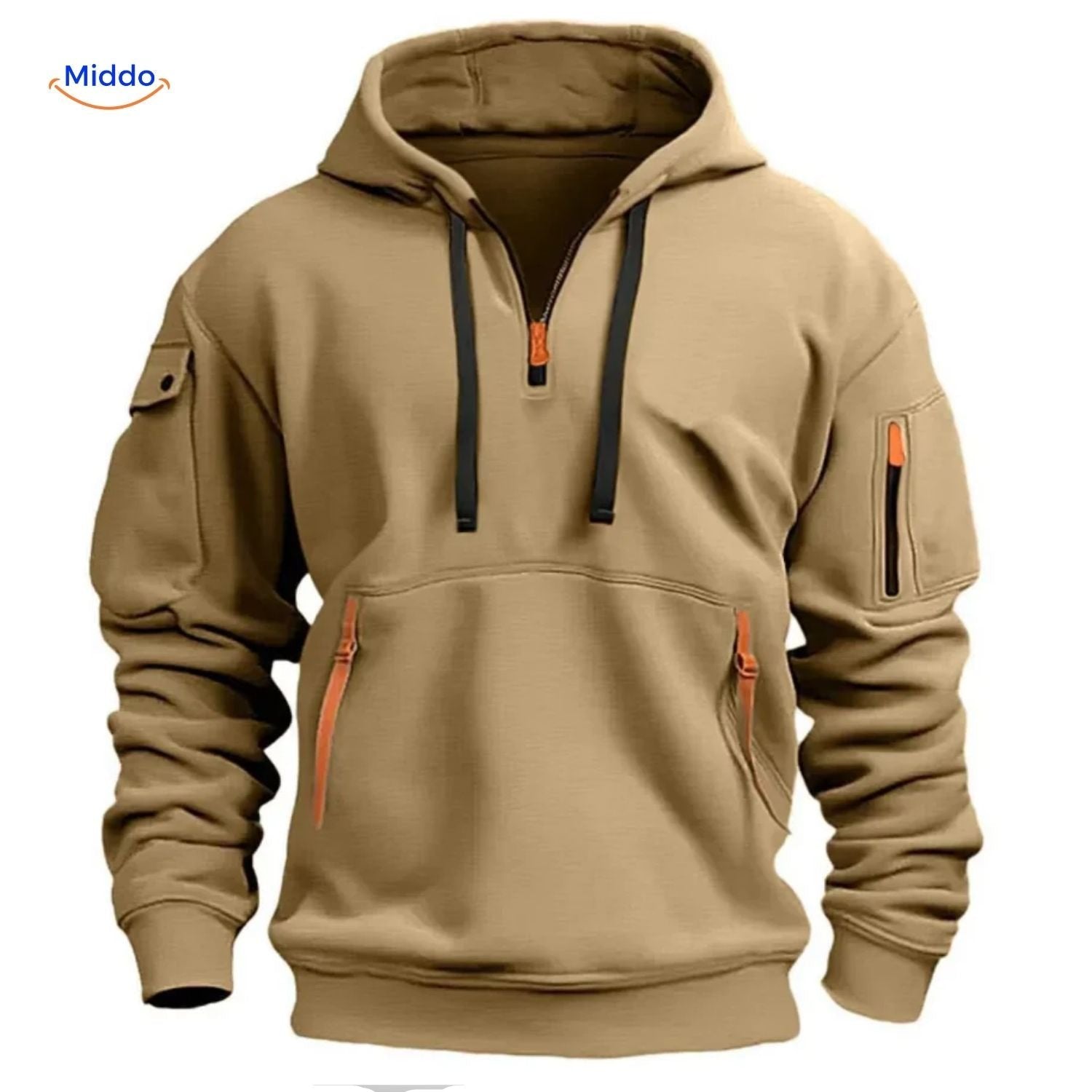 Thom Hooded Pullover comfortabel beige met oranje ritsen www.middo.nl