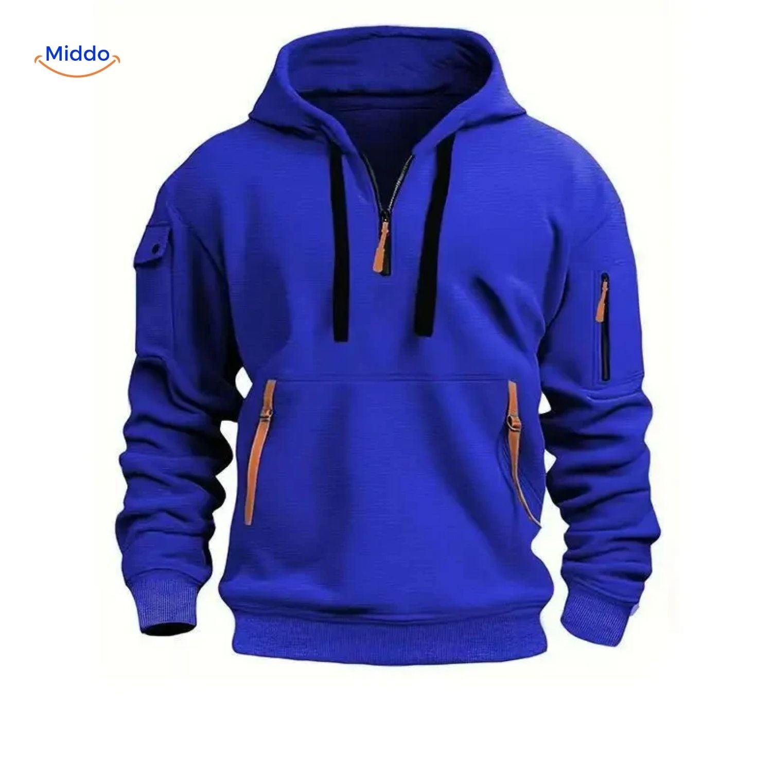 Thom Hooded Pullover comfortabel blauw met oranje ritsen www.middo.nl 