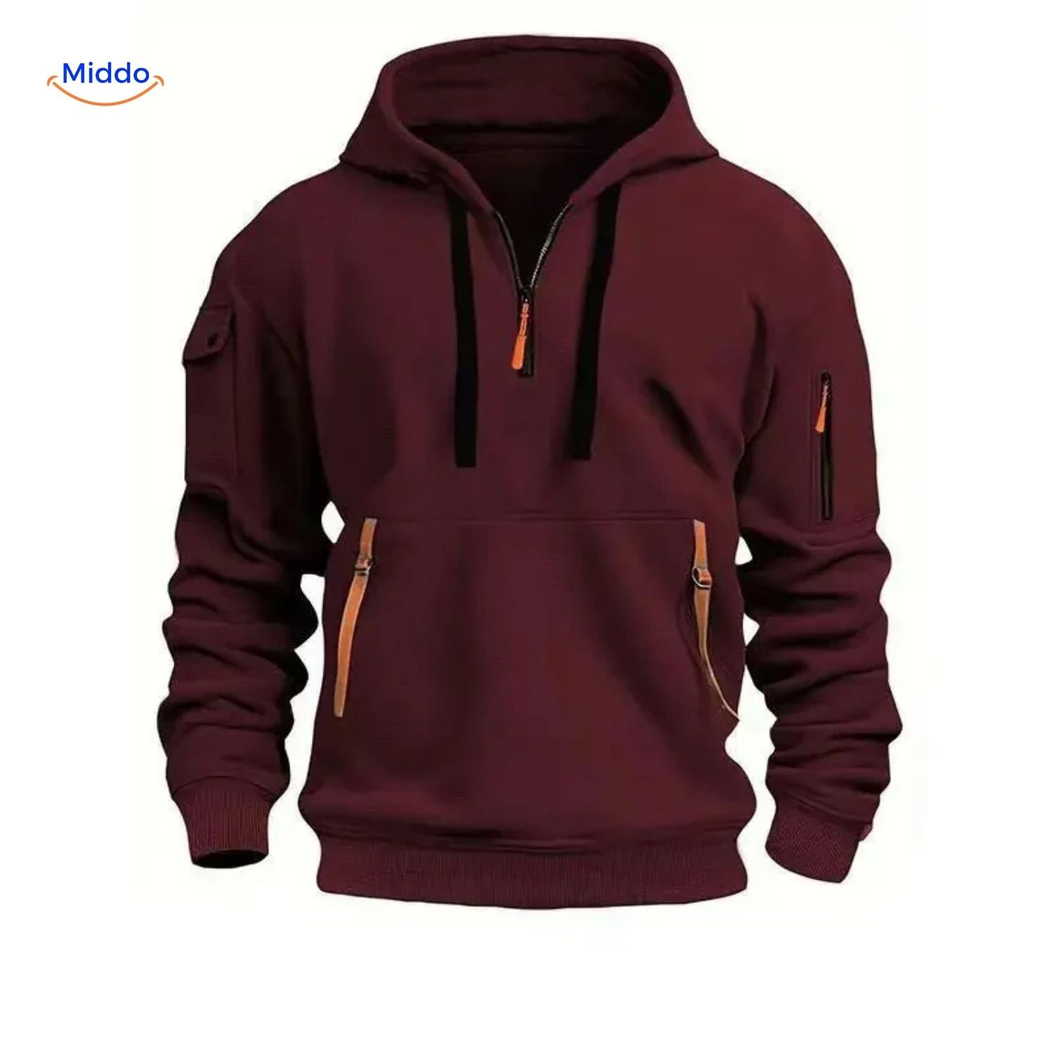 Thom Hooded Pullover comfortabel bordeaux met oranje ritsen www.middo.nl