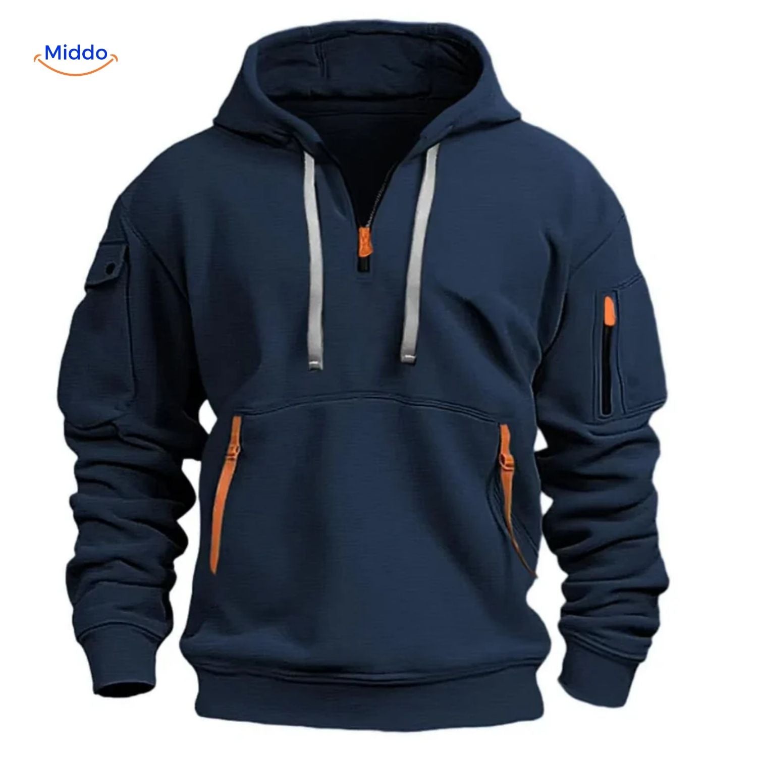 Thom Hooded Pullover comfortabel donkerblauw met oranje ritsen www.middo.nl