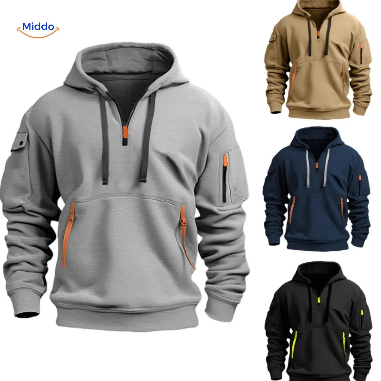 Thom Hooded Pullover comfortabel grijs met oranje ritsen www.middo.nl