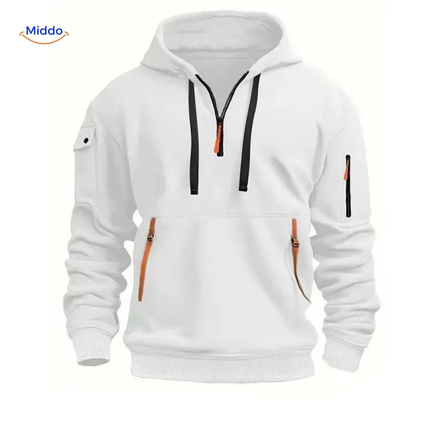 Thom Hooded Pullover comfortabel wit met oranje ritsen www.middo.nl