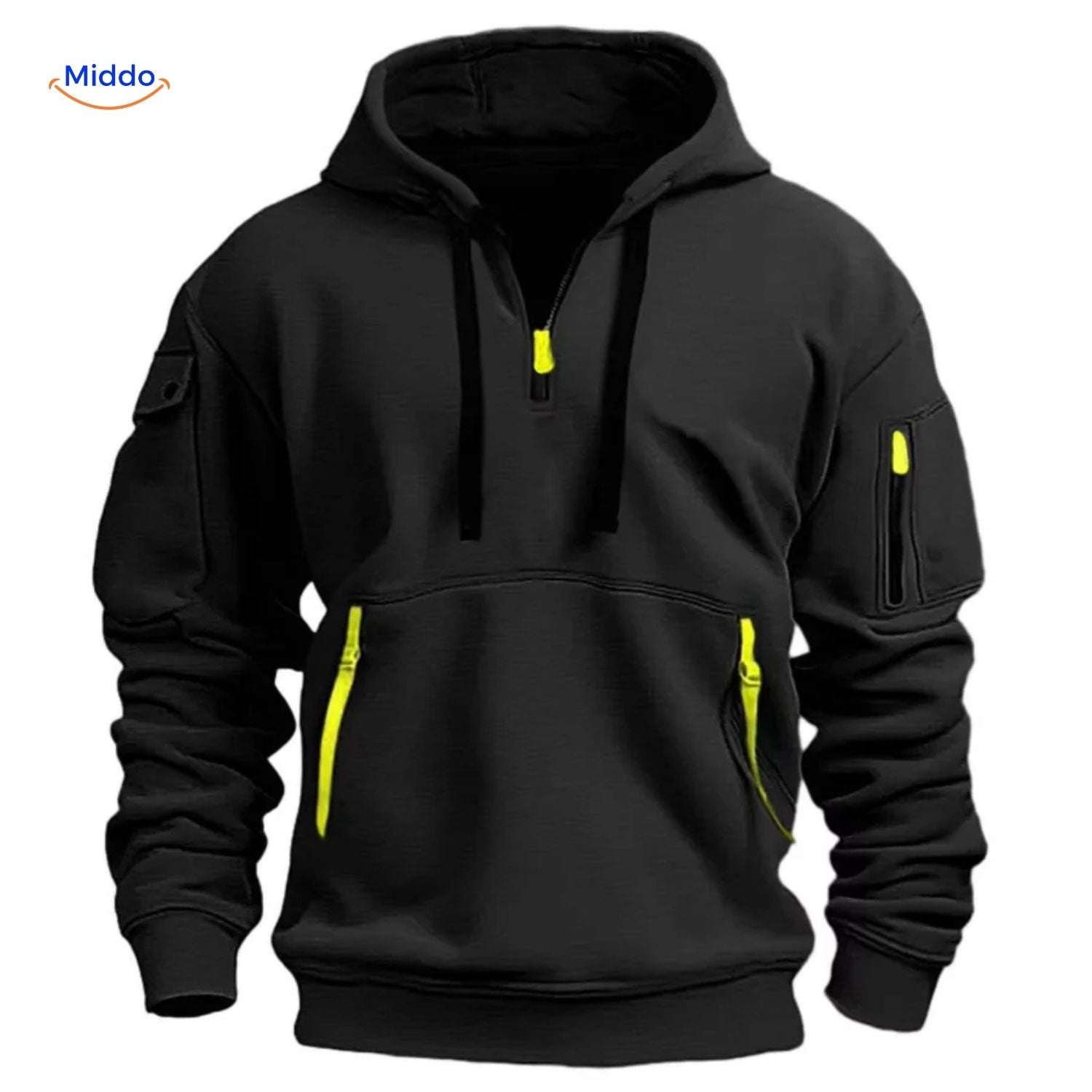 Thom Hooded Pullover comfortabel zwart met gele ritsen www.middo.nl