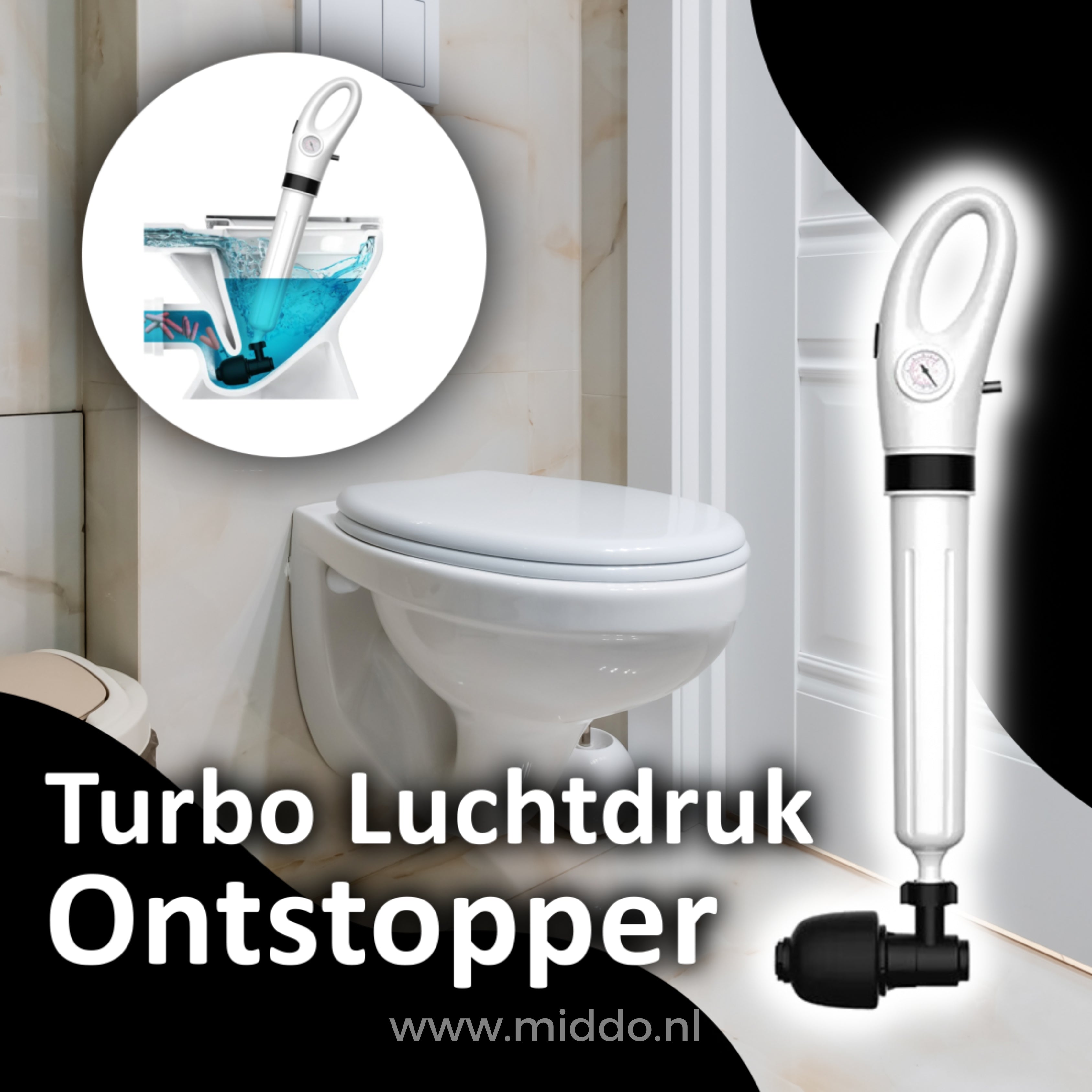 Turbo luchtdruk ontstopper in gebruik op een toilet.