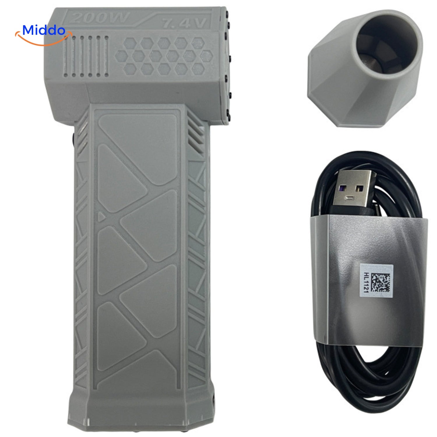 TurboJet Pro luchtblazer in grijs met mondstuk en USB-oplaadkabel