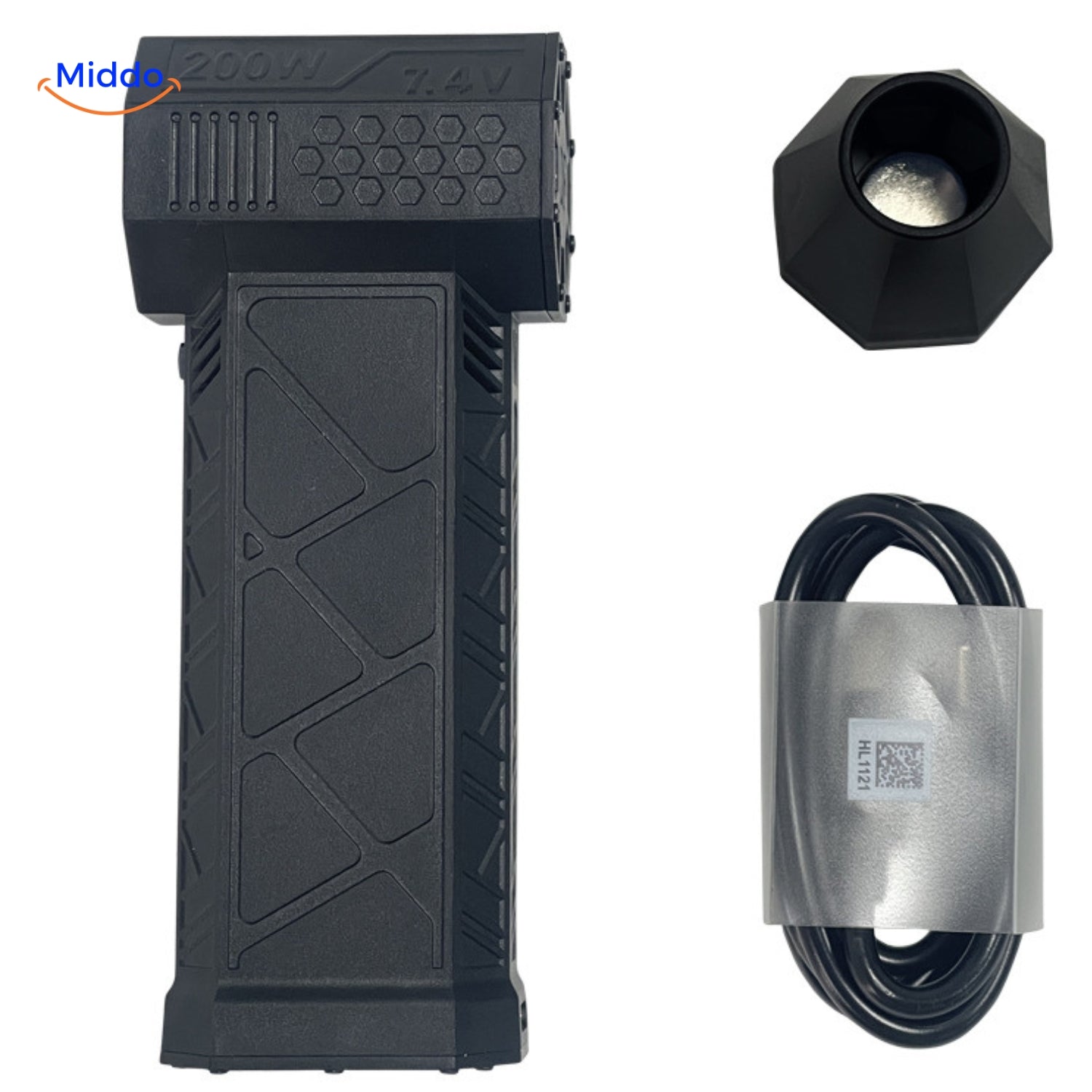 TurboJet Pro luchtblazer in zwart met mondstuk en USB-oplaadkabel