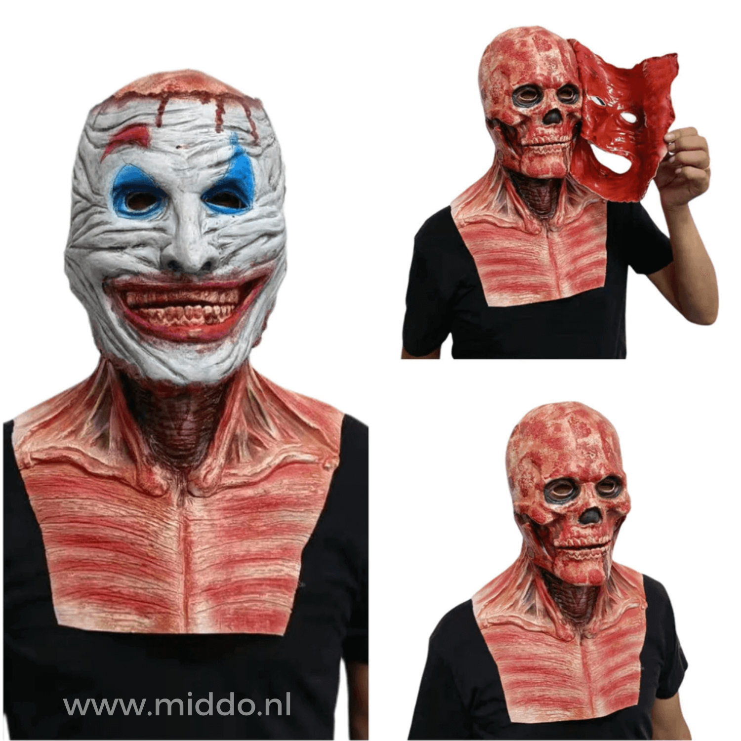 Man met ultra realistisch peel off masker, afneembaar masker toont schedel eronder.