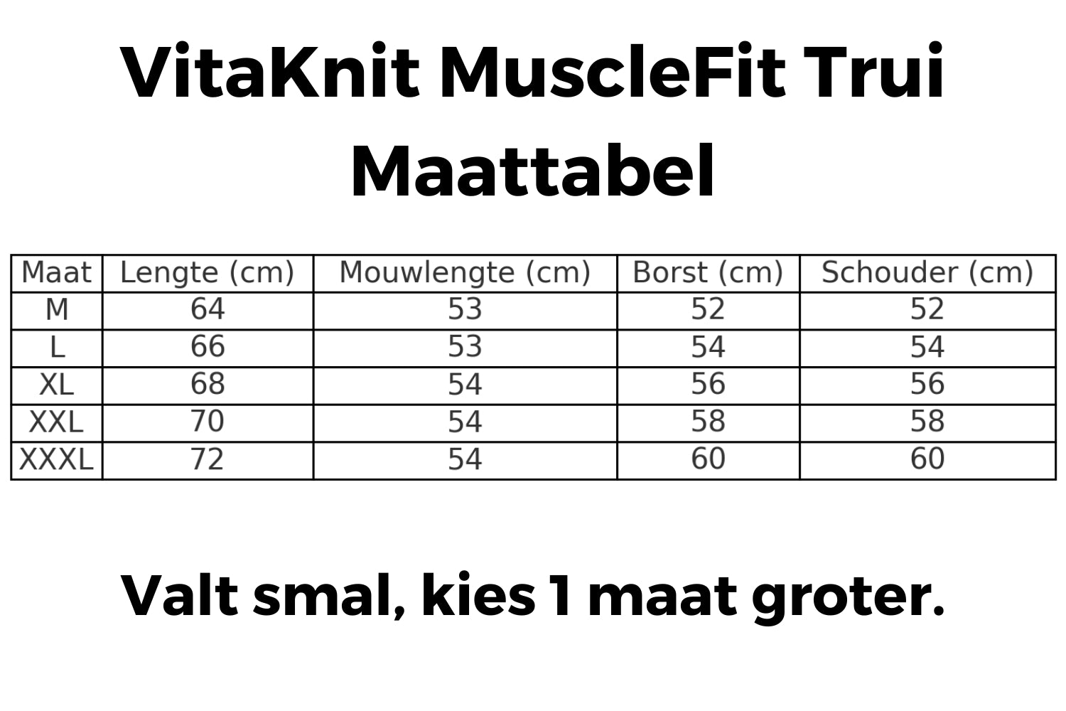 Maattabel voor Vitaknit MuscleFit Trui, alle gangbare maten beschikbaar