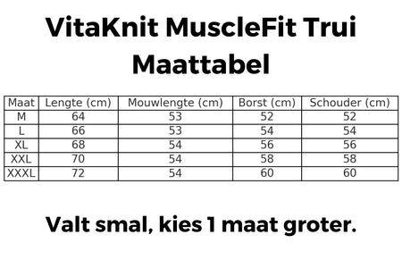 Maattabel voor Vitaknit MuscleFit Trui, alle gangbare maten beschikbaar