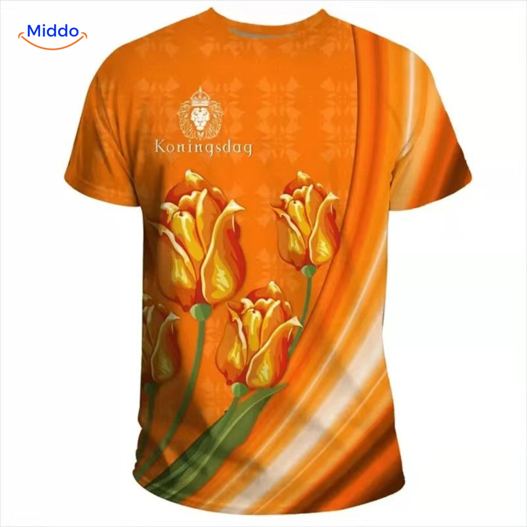 Oranje T-shirt met elegante bloemenpatronen, unieke stijl voor Nederland fans.
