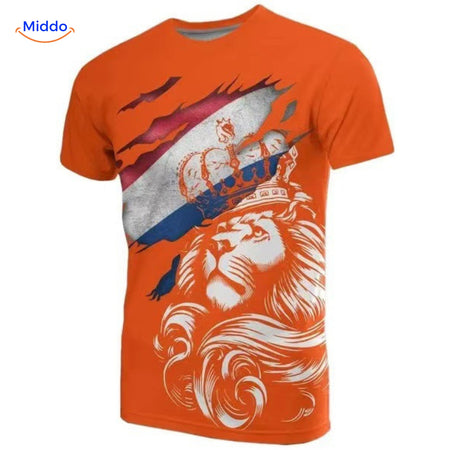 Oranje T-shirt met modern leeuw motief, symboliseert kracht en trots van Nederland.