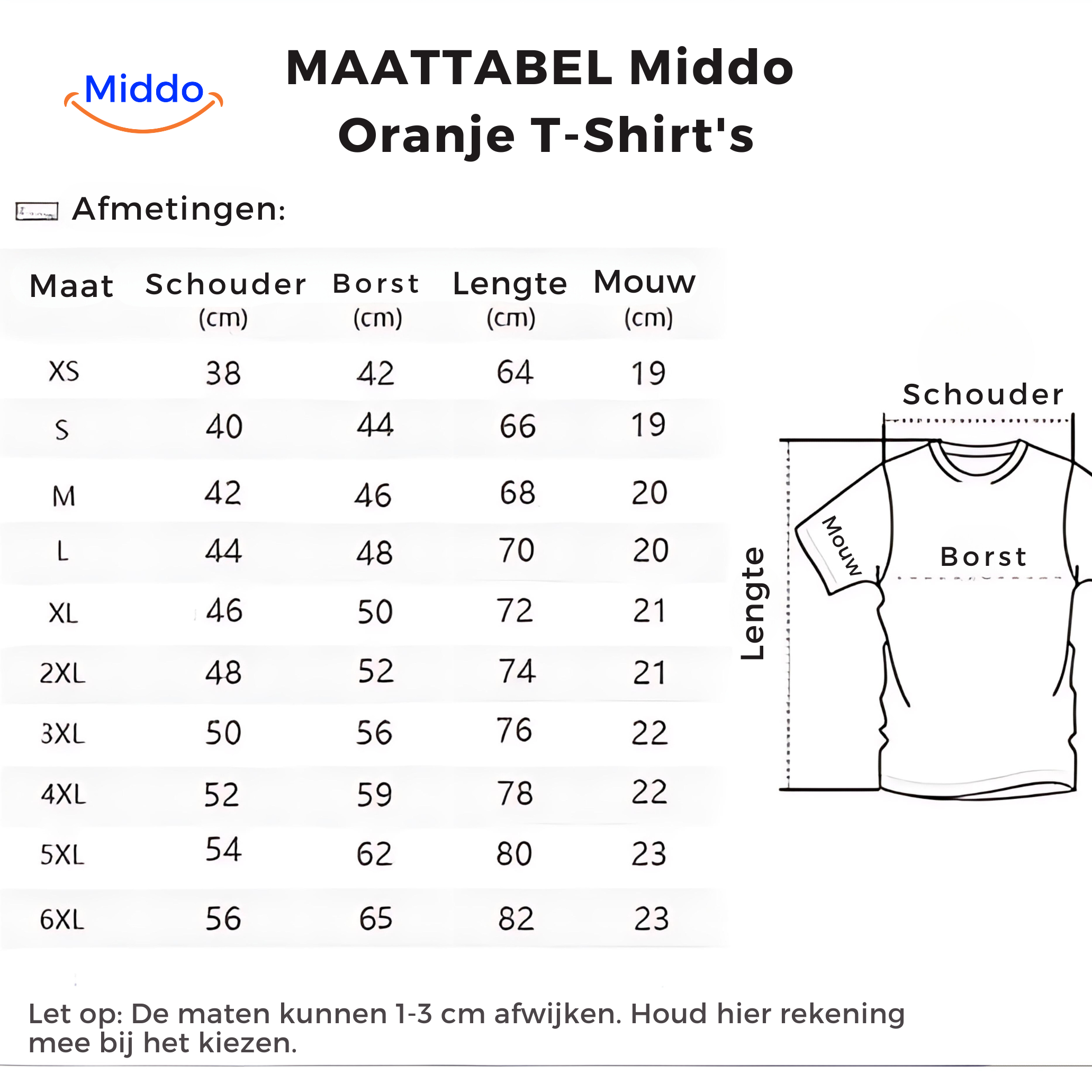 Maattabel van Middo's oranje voetbal t-shirts