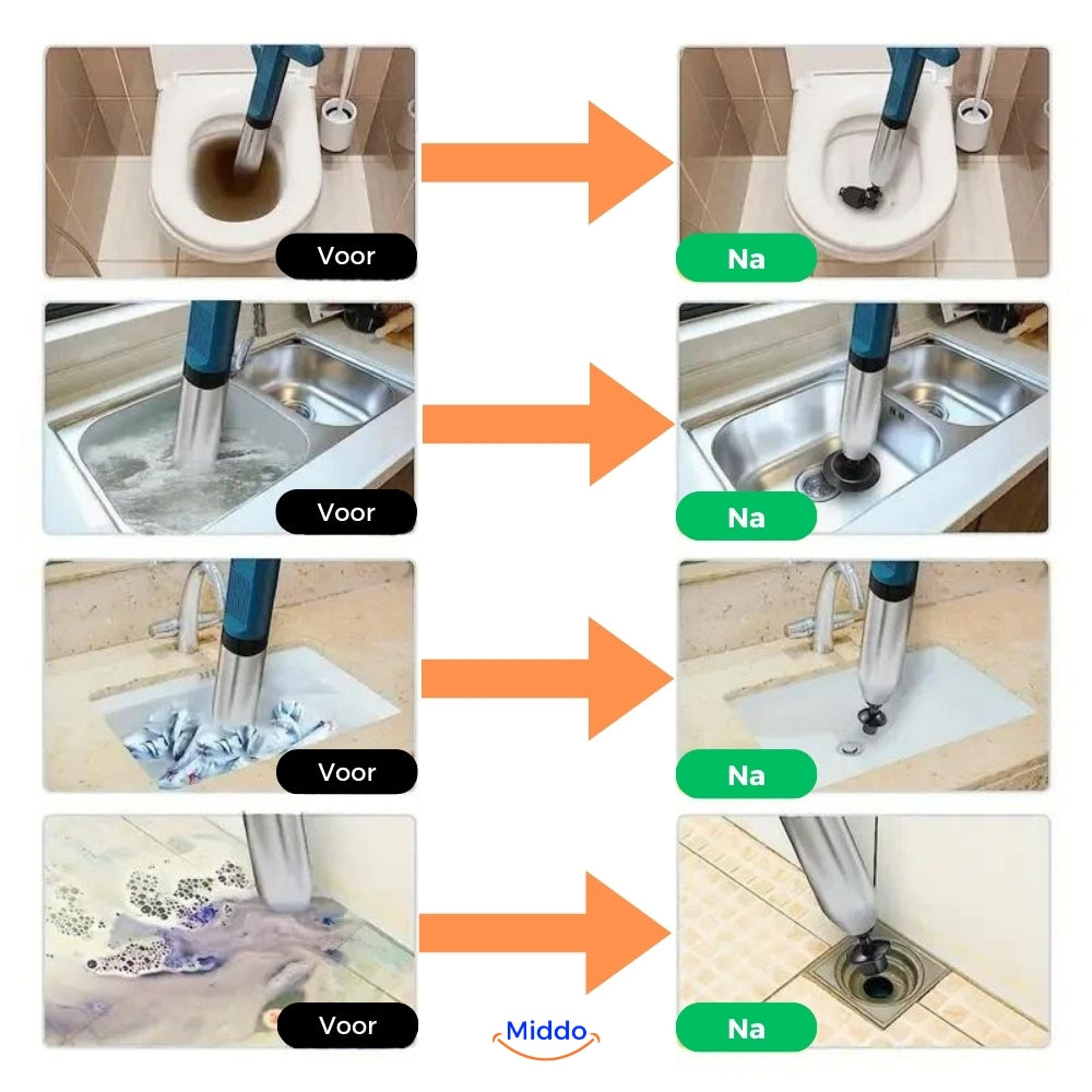 Voor en na resultaten van ontstoppen met Turbo Luchtdruk Ontstopper 2.0