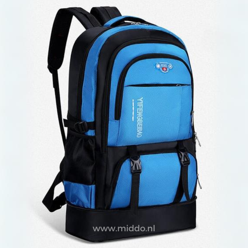 Blauwe VoyagePro Adventure Backpack met stevige schouderbanden.