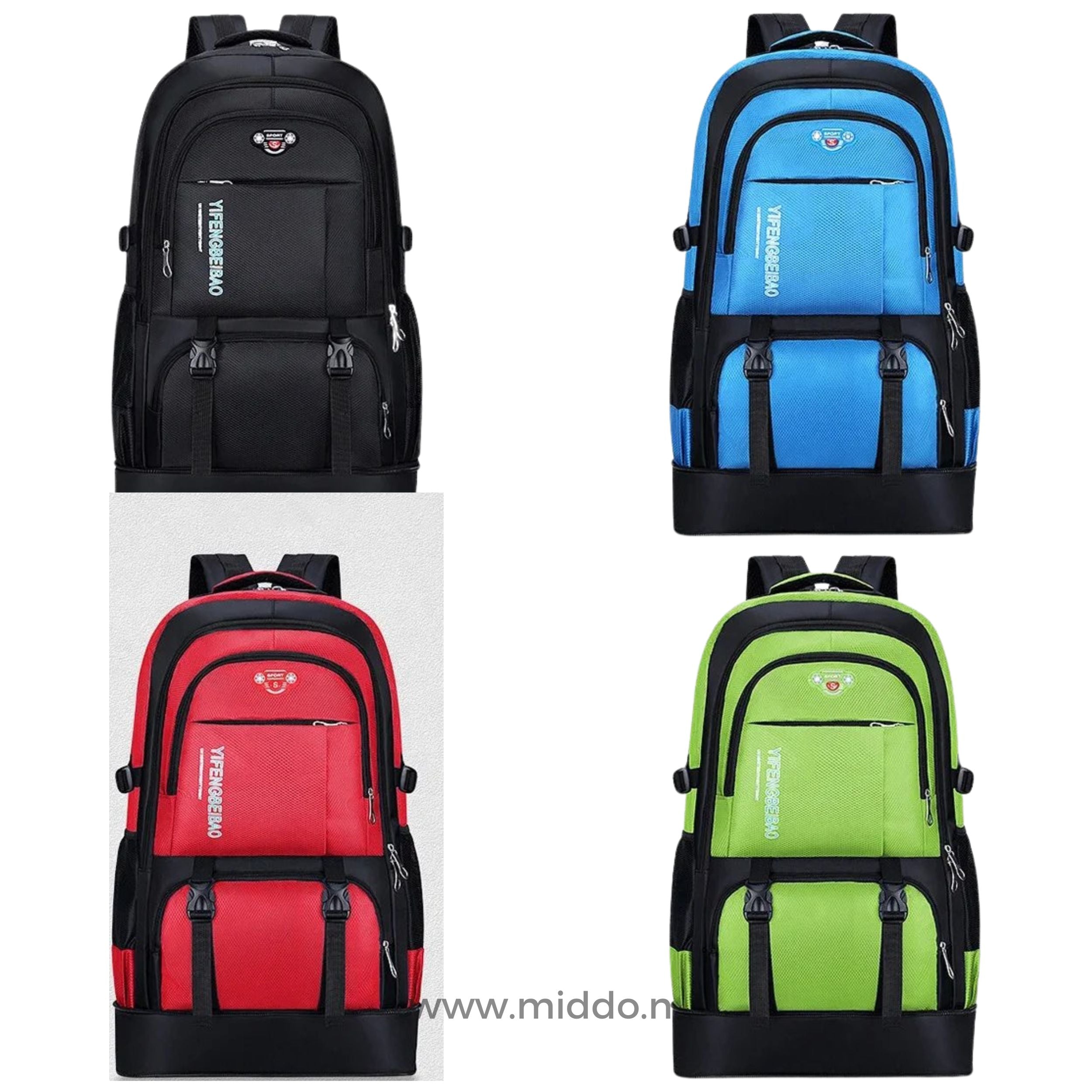 Vier kleuren van VoyagePro Adventure Backpack: groen, blauw, rood, zwart.