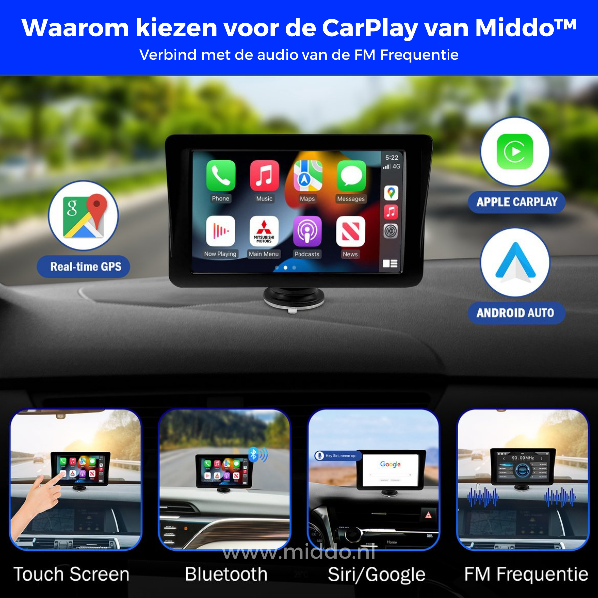 CarPlay staat vast op het dashboard van auto met  4 foto's eronder van hoe je het kunt gebruiken, met touchscreen bluetooth siri/google en radio.