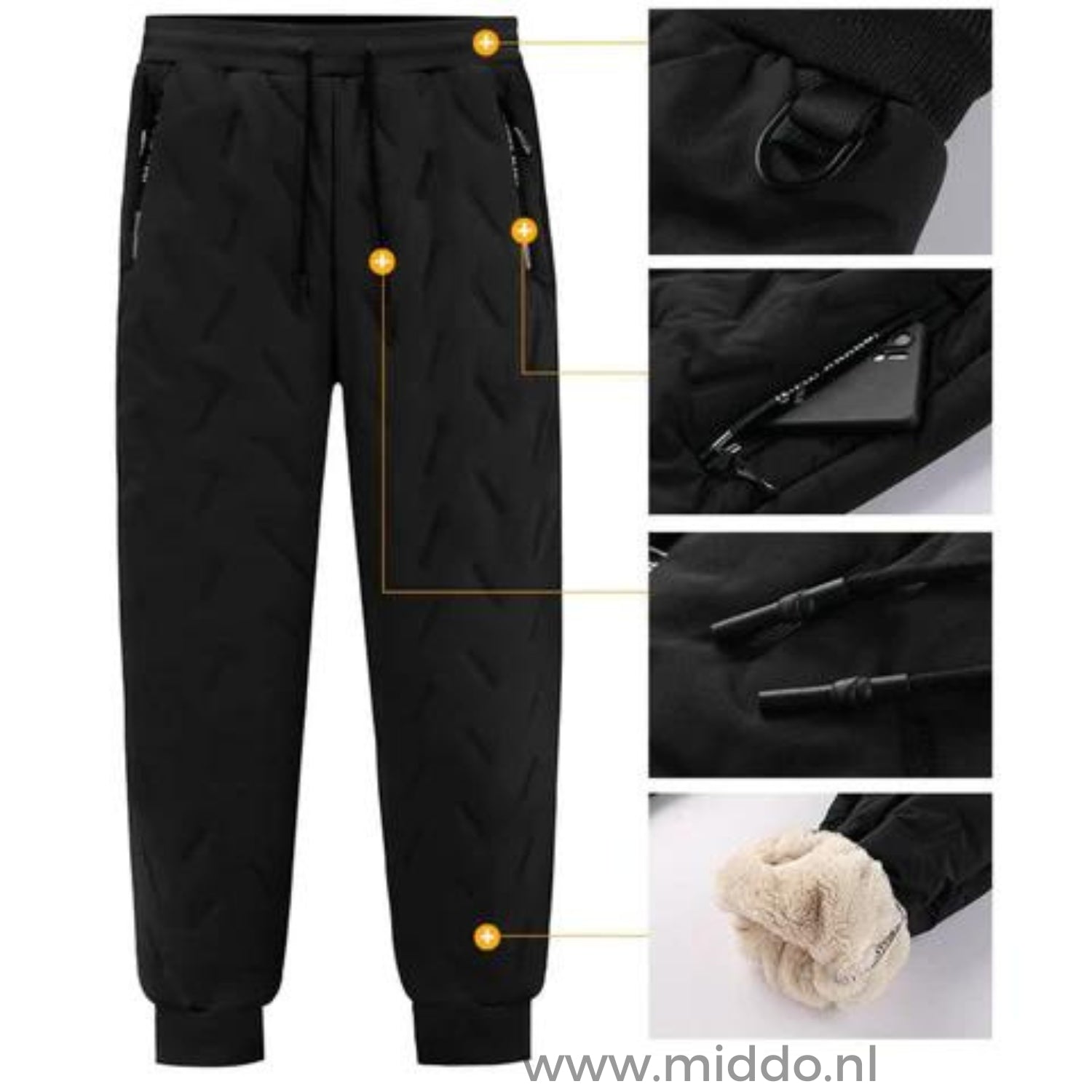 Zwarte thermo broek met fleecevoering en details