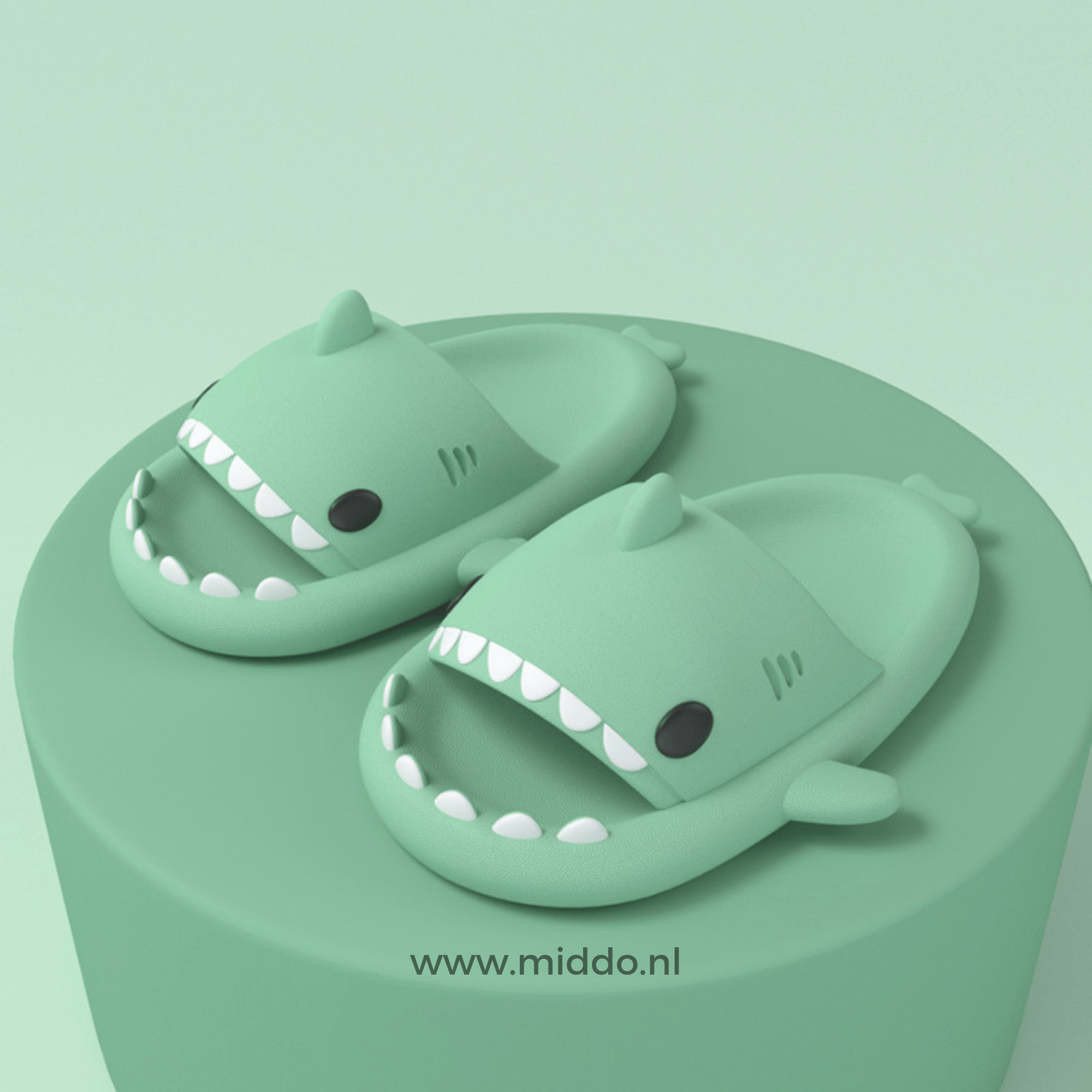 ZomerSharkies lichtgroene slippers op lichtgroene achtergrond - www.middo.nl