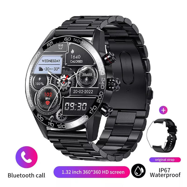 Een Zwart metalen Smart Watch Horloge met aanduiding van dag, tijd, stappenteller, weergegevens en batterij met een zwarte horlogeband.