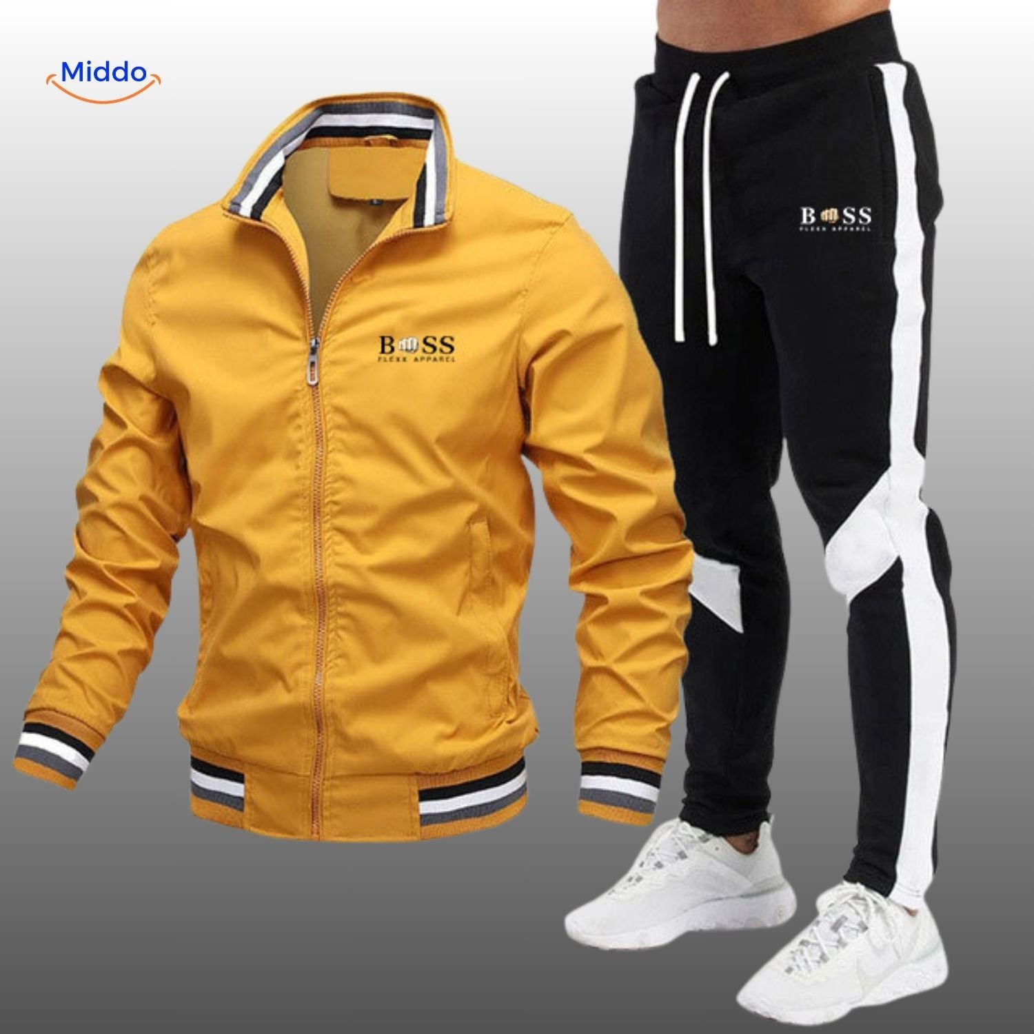 boss flexx trainingspak gele jack en zwart met witte broek www.middo.nl