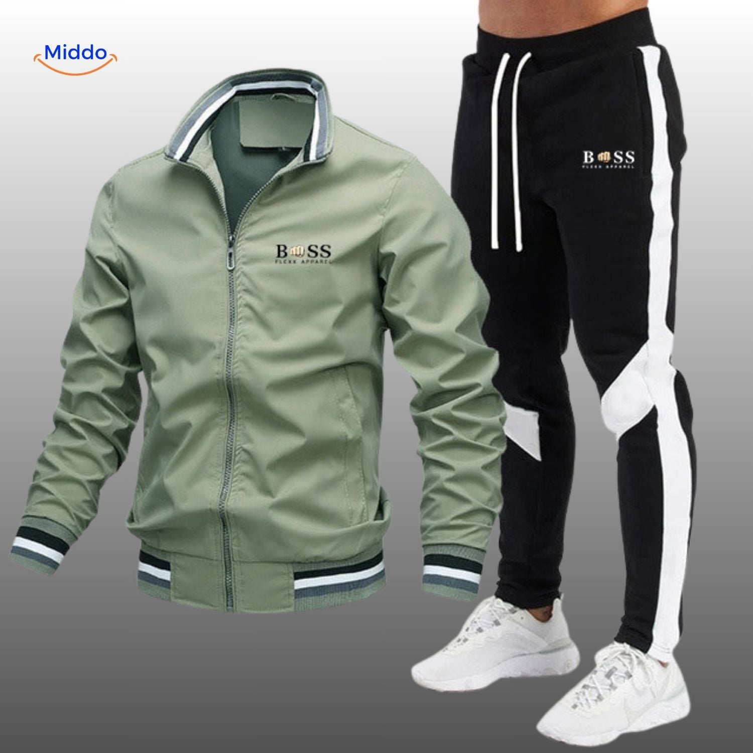 boss flexx trainingspak groene jack en zwart met witte broek www.middo.nl