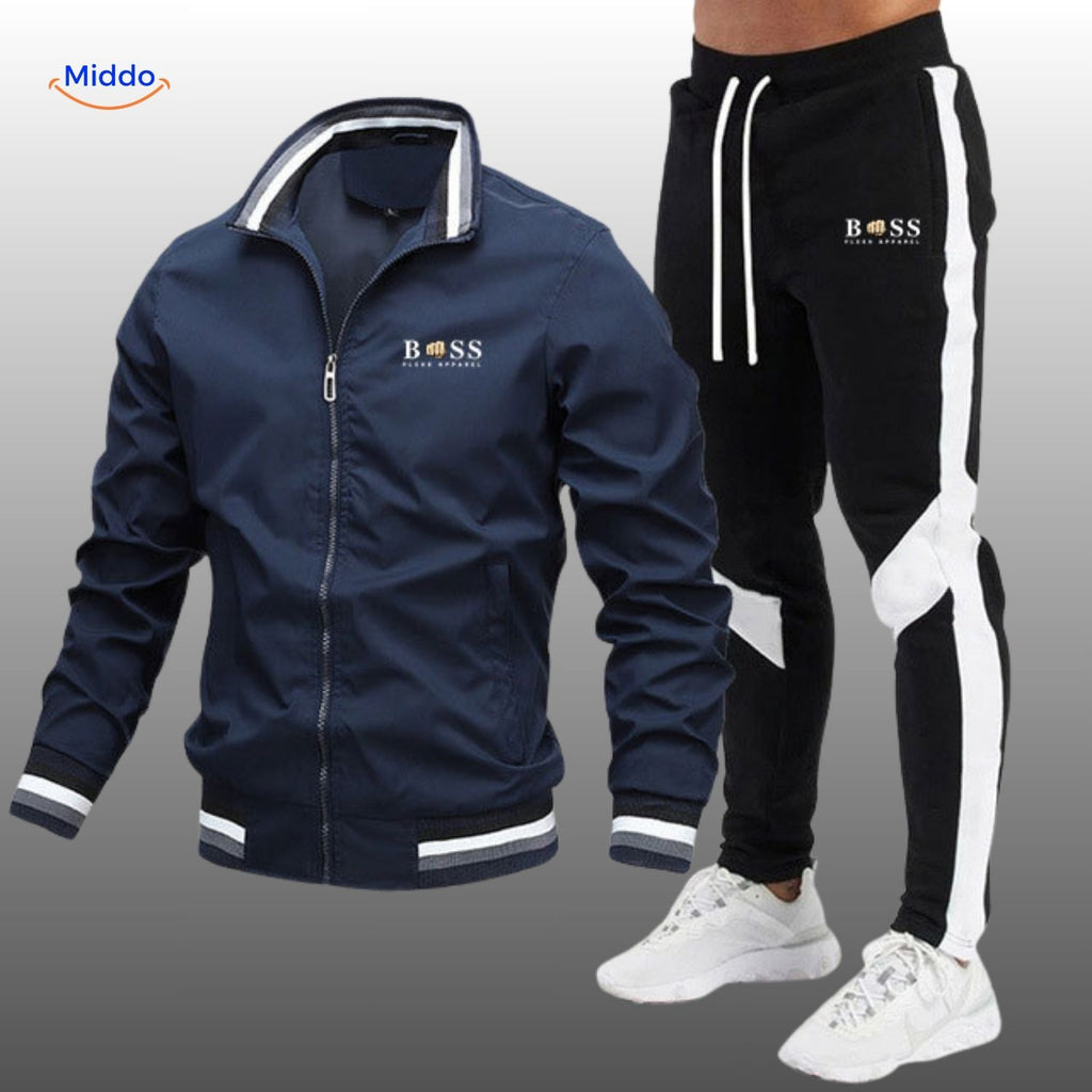 boss flexx trainingspak marineblauwe jack en zwart met witte broek www.middo.nl