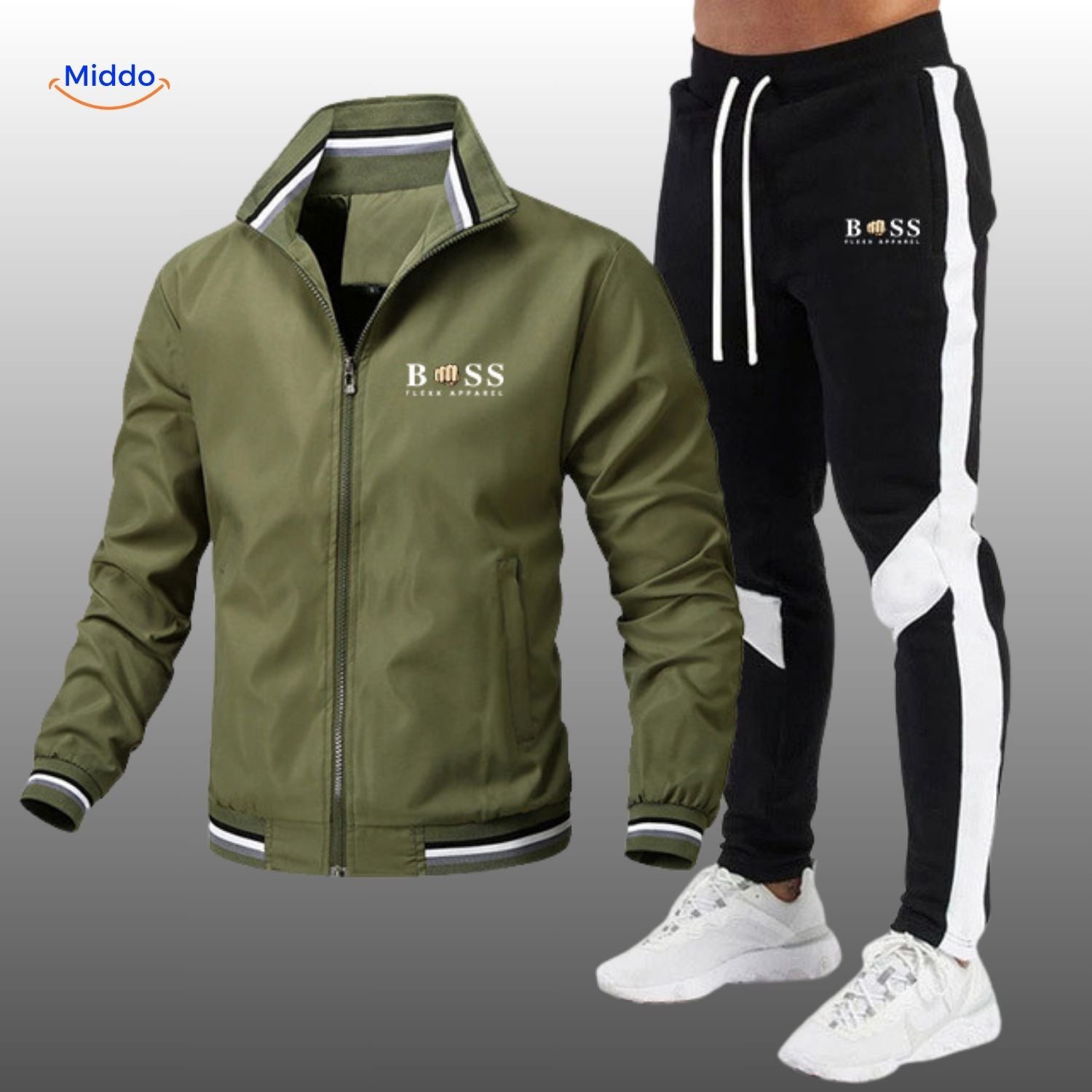 boss flexx trainingspak olijfgroene jack en zwart met witte broek www.middo.nl