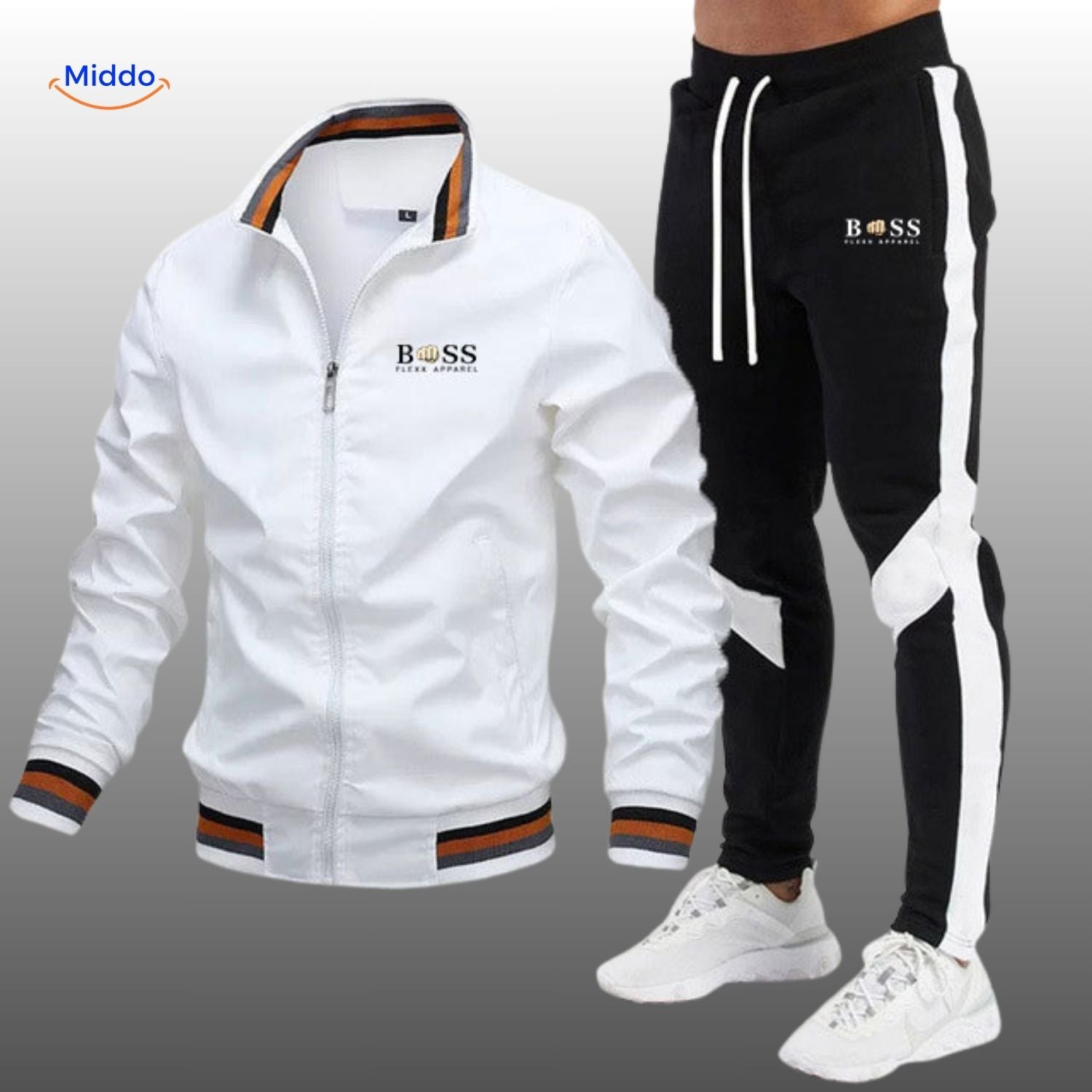 boss flexx trainingspak witte jack en zwart met witte broek www.middo.nl