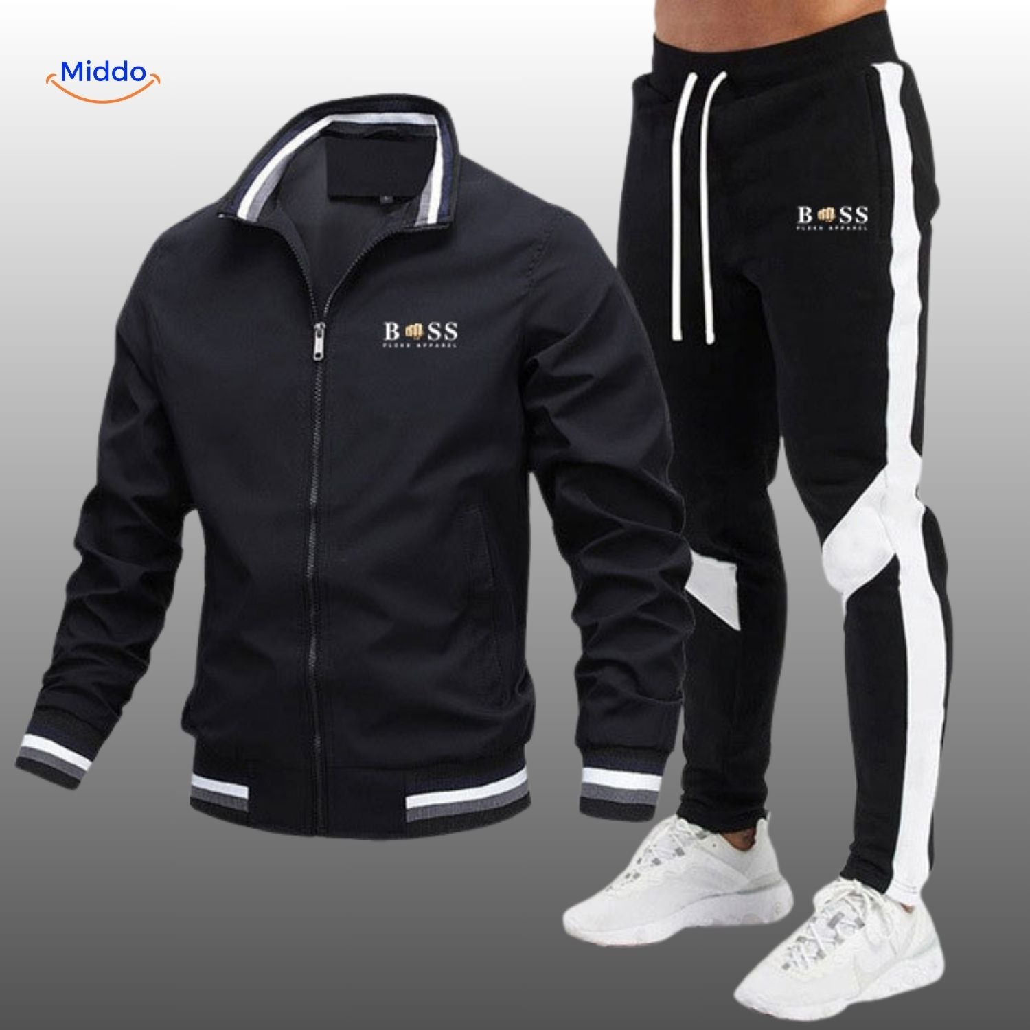 boss flexx trainingspak zwarte jack en zwart met witte broek www.middo.nl