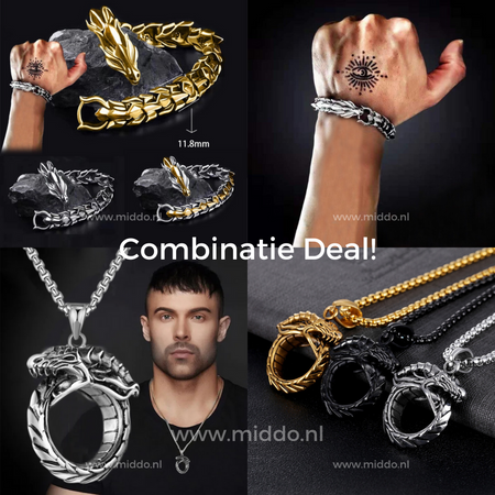 Combinatie deal met drakenarmbanden en kettingen, gouden en zilveren ontwerpen, gedragen door modellen