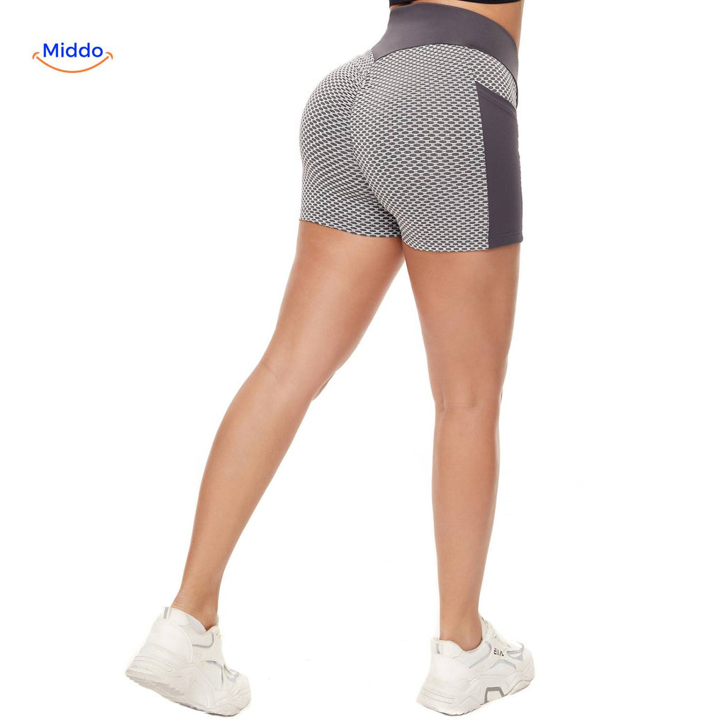 flexfit ademend hoge taille jacquard yoga shorts voor dames grijs met zijvak achterkant