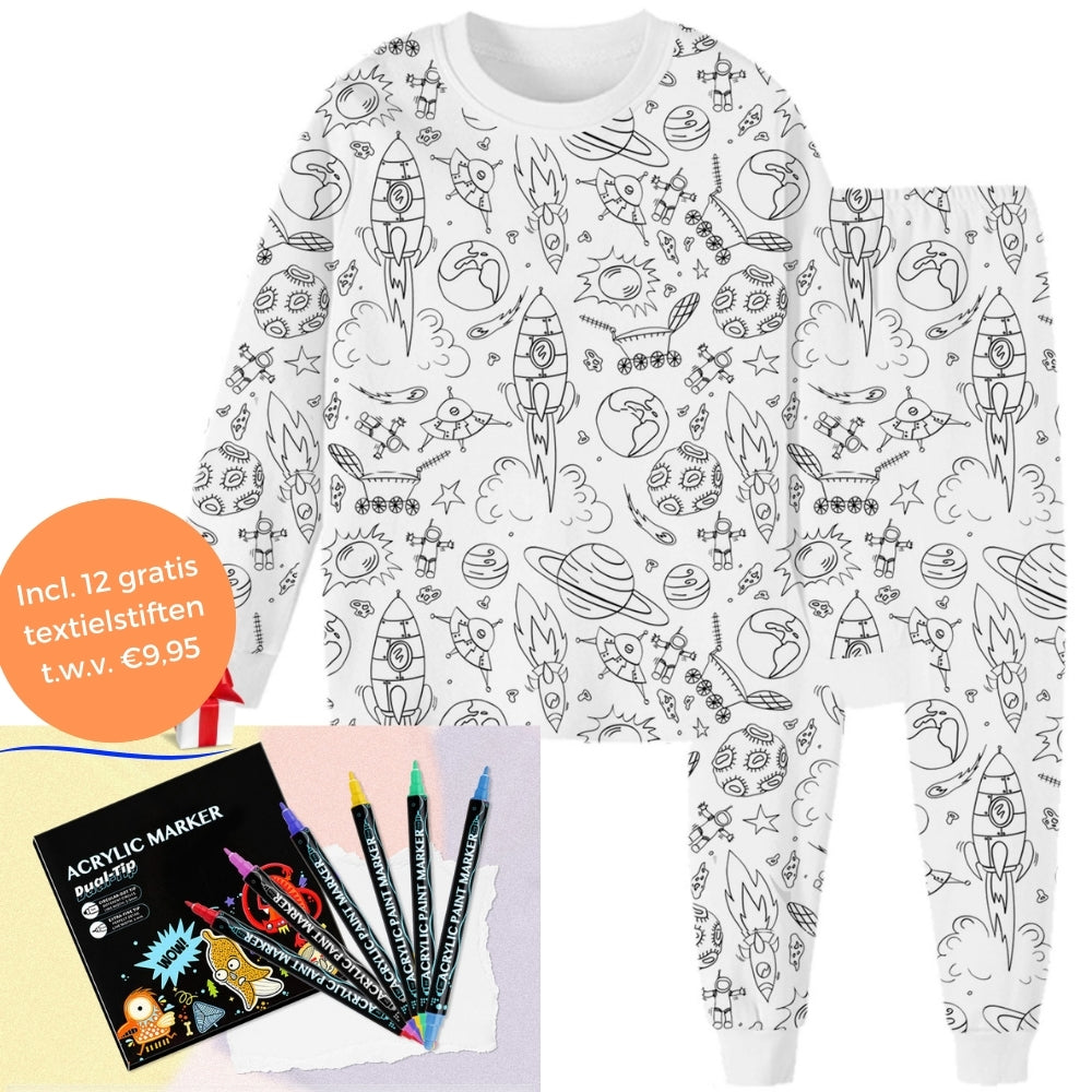 Inkleurbare ruimte missie pyjama met 12 gratis textielstiften.