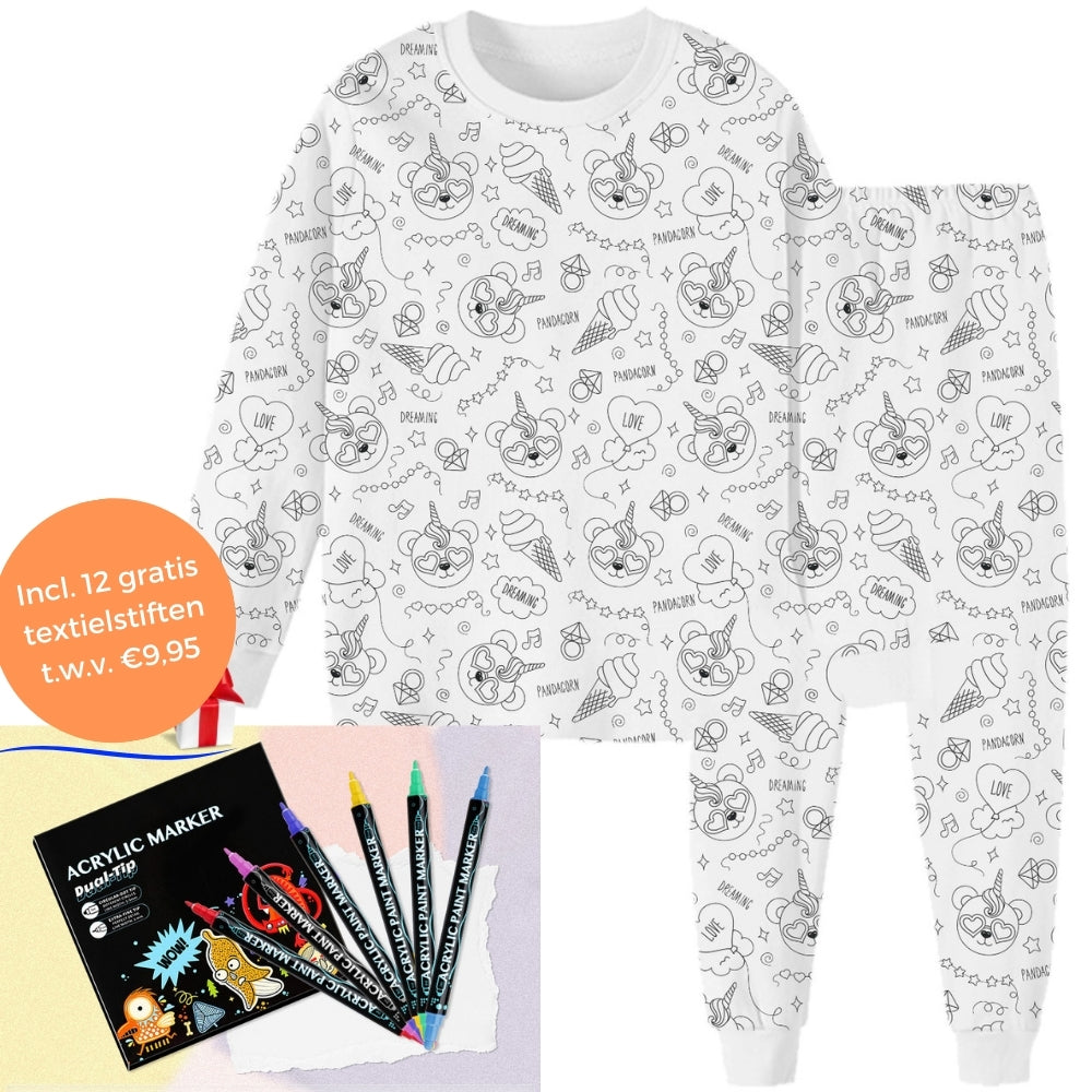 Inkleurbare unicorn pyjama met 12 gratis textielstiften.