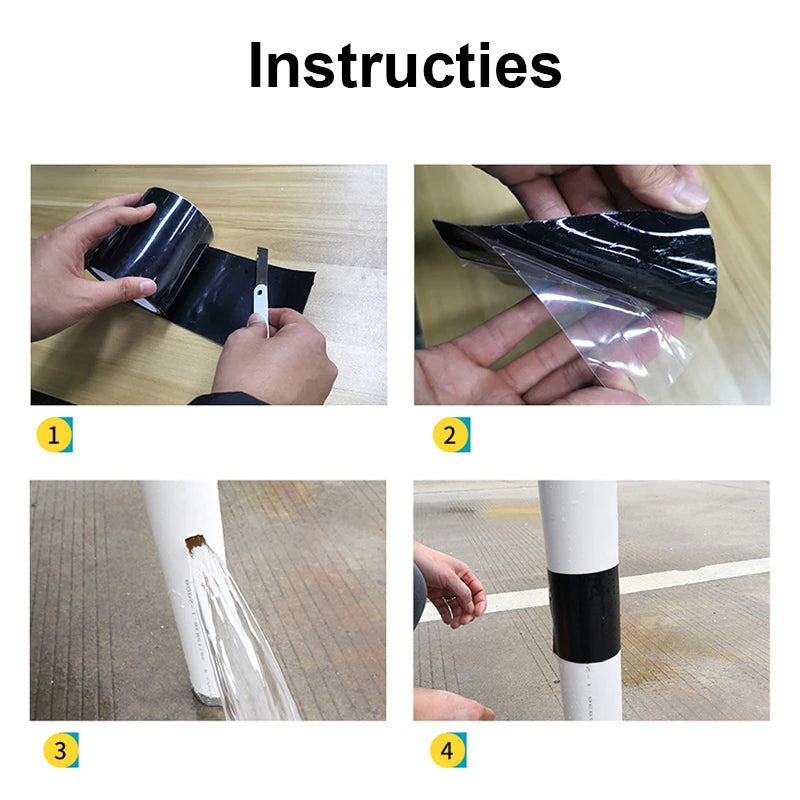 Instructies voor het aanbrengen van zwarte watervaste tape op buis.