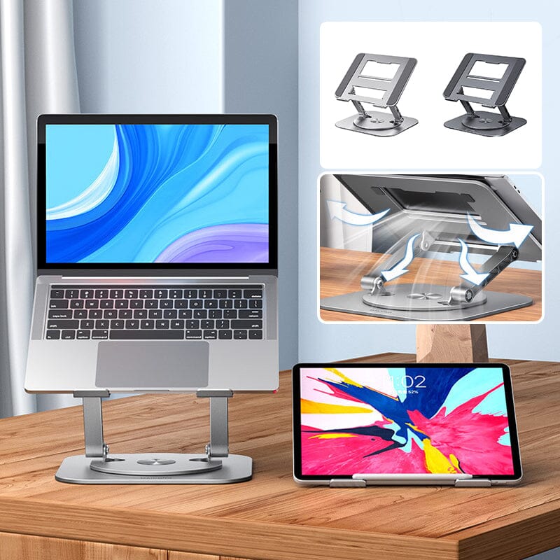 Laptop en tablet op verstelbare standaarden op houten bureau.
