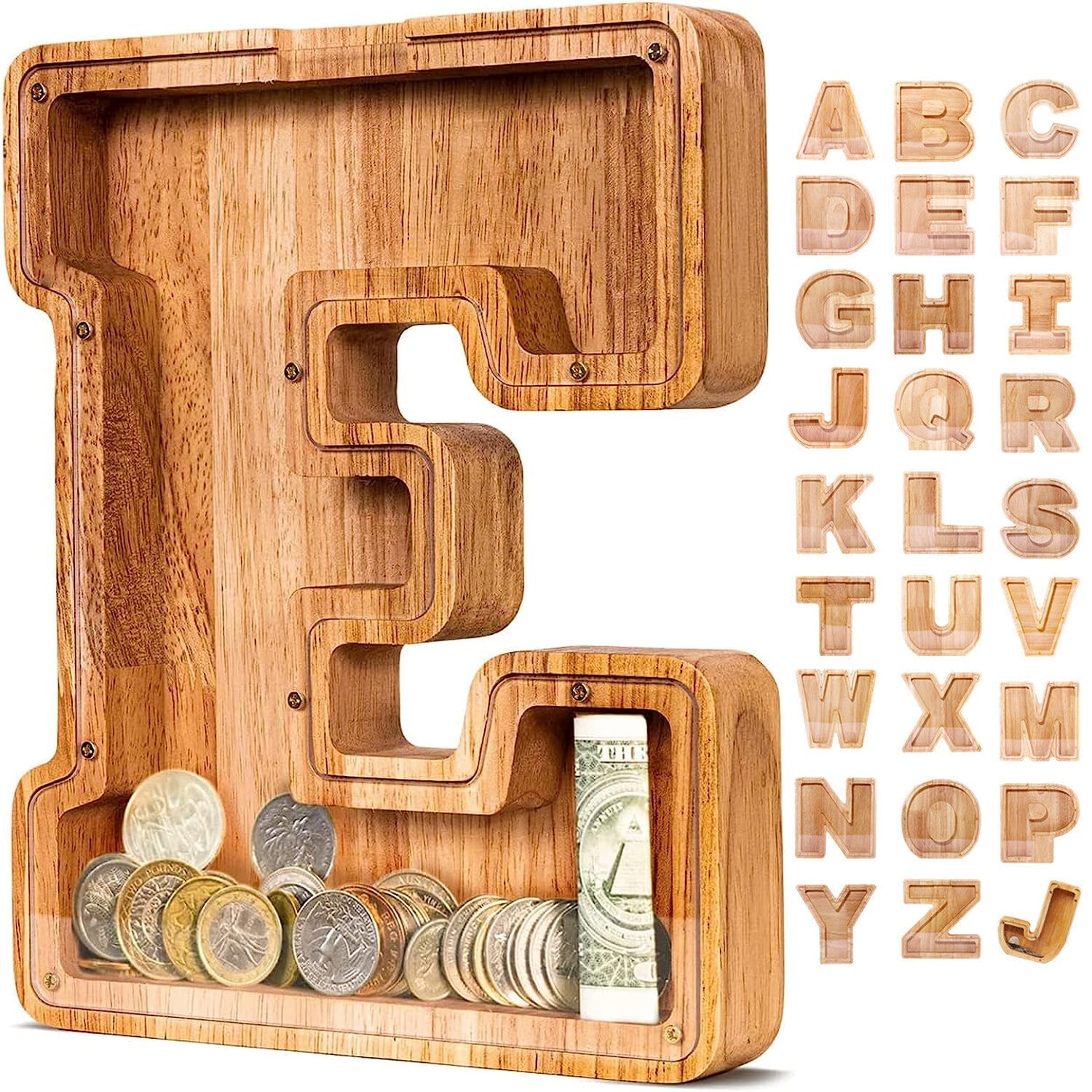 Houten alfabet spaarpot letter E gevuld met munten en briefgeld.