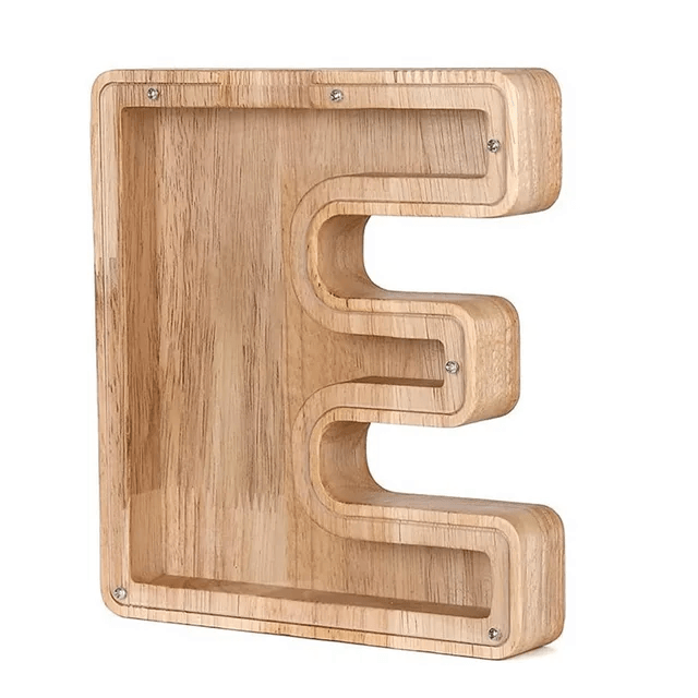 Houten alfabet spaarpot letter E van duurzaam hout.