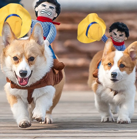 Corgi honden in cowboykostuum rennend met poppen op hun rug.