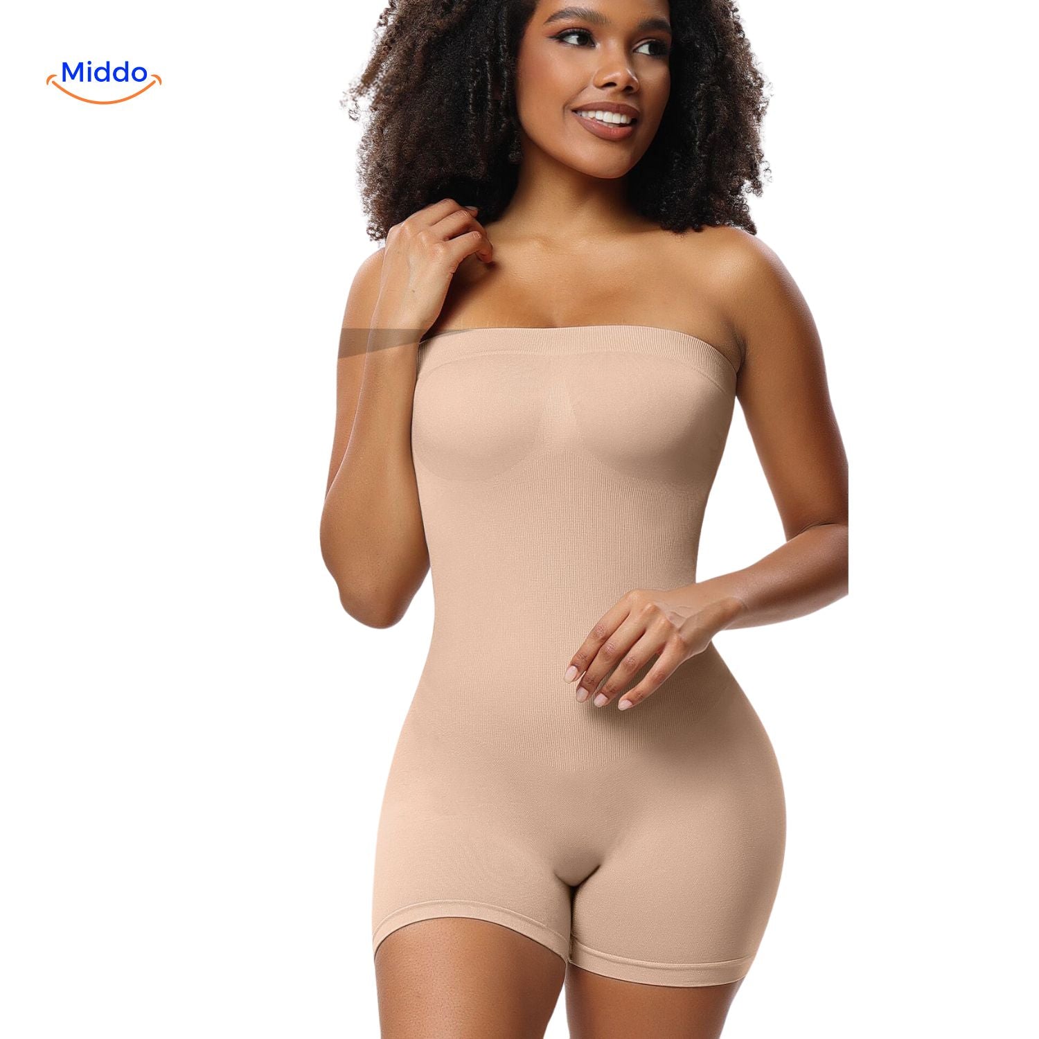 shapelyfit strapless bodysuit zandkleurige naadloze stijl middo